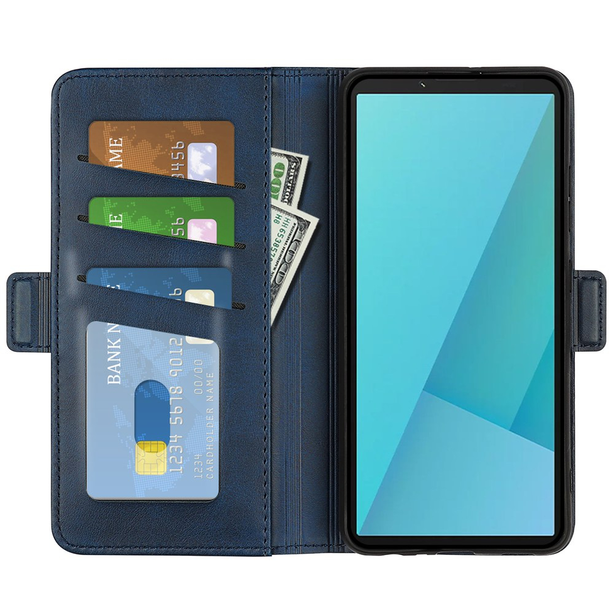 Un étui portefeuille en cuir bleu avec des fentes pour cartes, de l'argent et un smartphone à écran lumineux.