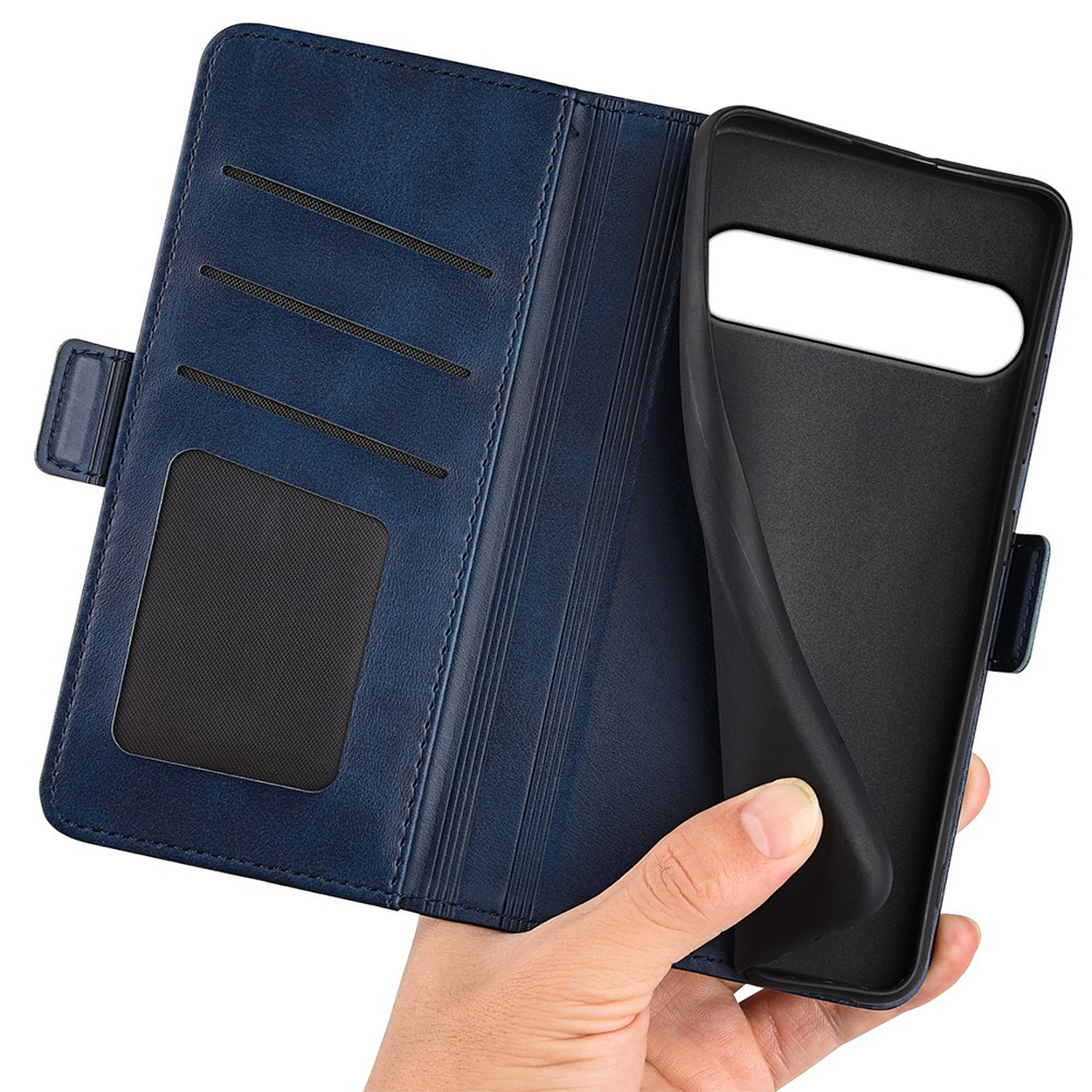 Étui portefeuille en cuir bleu pour téléphone avec fentes pour cartes et insert en silicone.