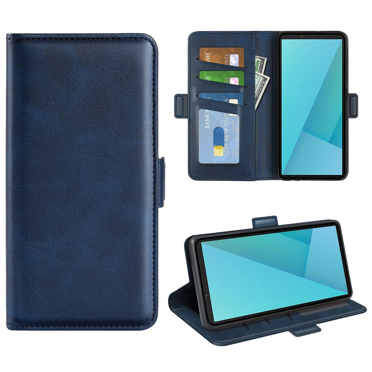 Étui portefeuille en cuir bleu pour smartphone avec fentes pour cartes et support.
