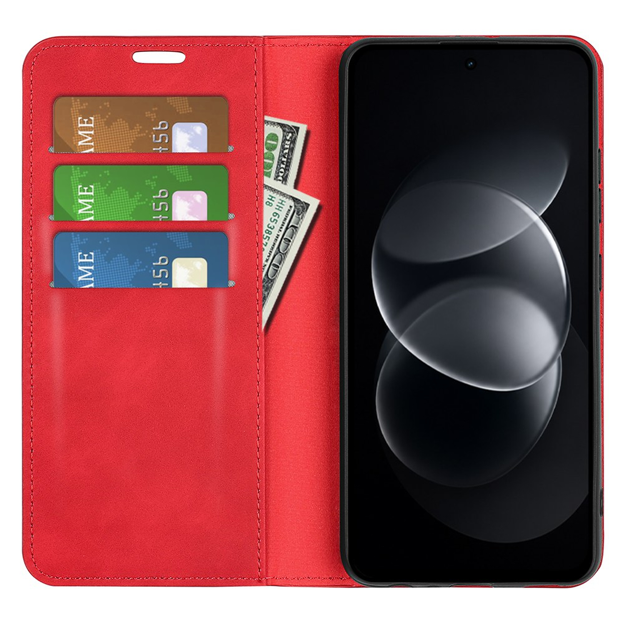 Rode lederen portemonneehoesje met smartphone, drie kaarten en biljetten.