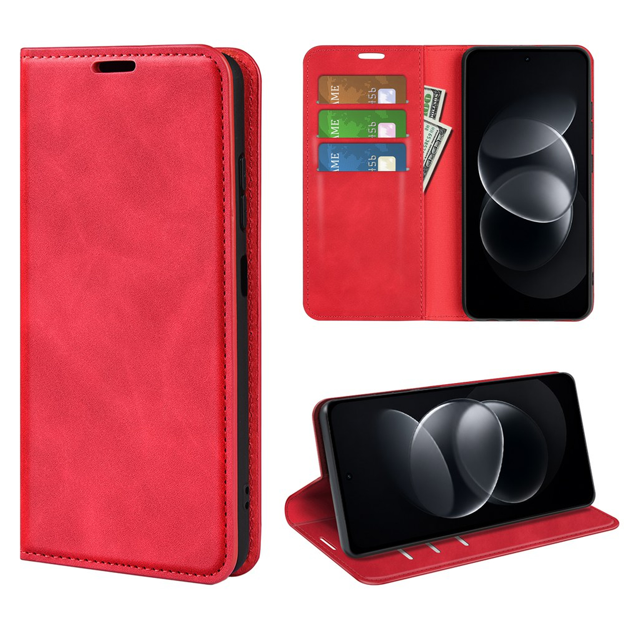 Rode leren telefoonhoes met kaartsleuven en een ingebouwde standaard voor de smartphone op een witte achtergrond.