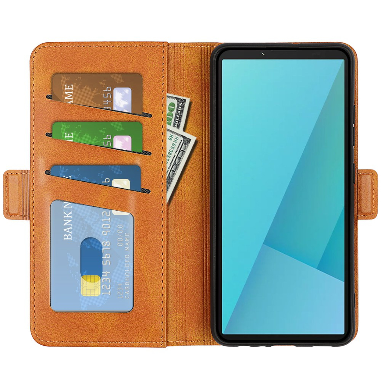 Un étui portefeuille en cuir marron avec des fentes pour cartes contenant des cartes, de l'argent et un smartphone.