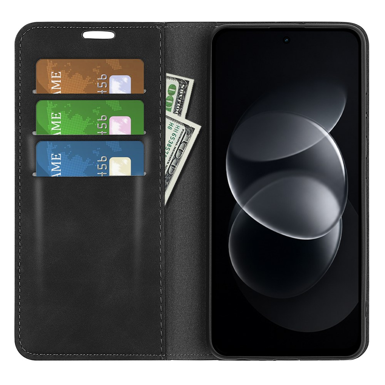 Zwarte leren telefoonhoesje met drie kaartvakken en een vak met kaarten en dollarbiljetten.