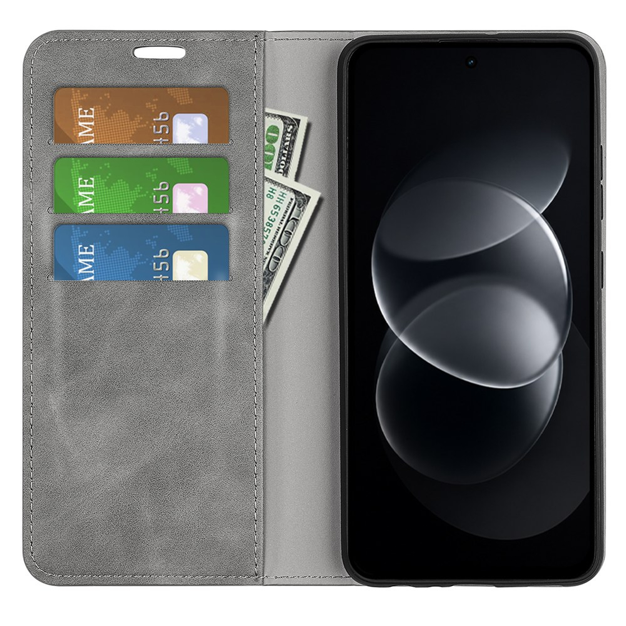 Open grijze lederen telefoonhoesje met drie kaarten en contant geld in zakken, met het zwarte scherm rechts.