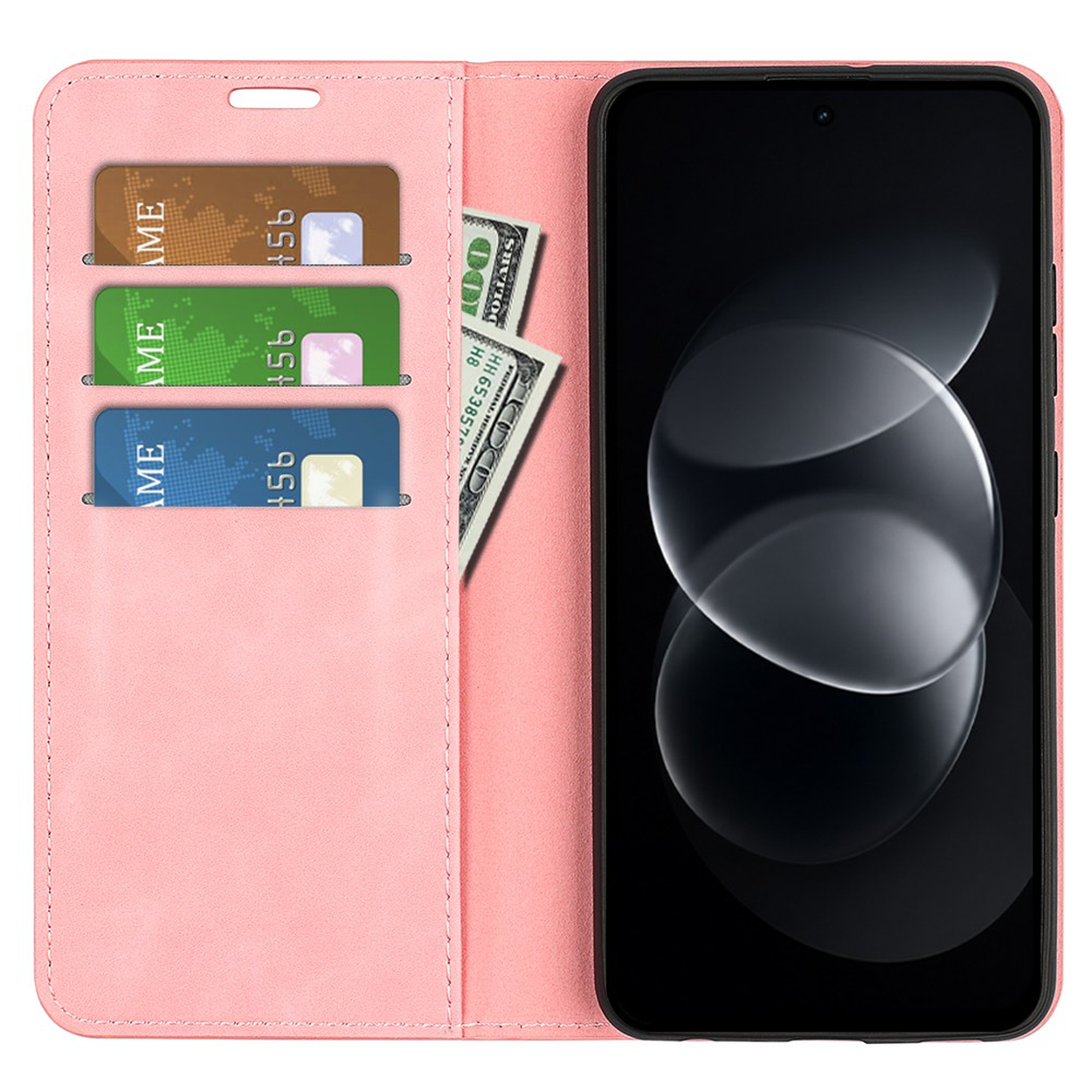 Roze hoesje voor telefoon met drie kaartsleuven voor pasjes en een geldvakje.