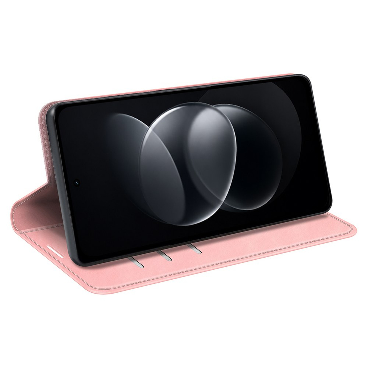 Een smartphone staat horizontaal in een open roze lederen hoesje op een witte achtergrond.