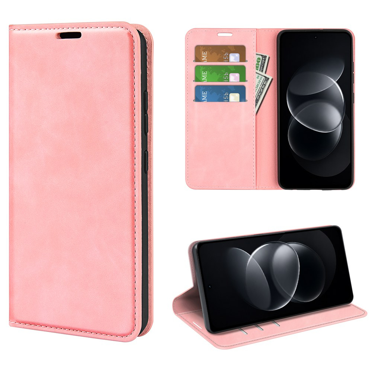 Roze lederen smartphone hoesje met kaartsleuven en stand.