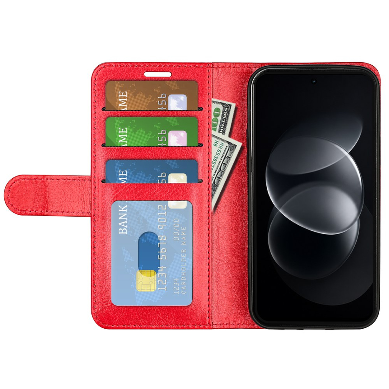 Een rode leren telefoonhoes met kaartsleuven met creditcards en bankbiljetten, naast een smartphone.