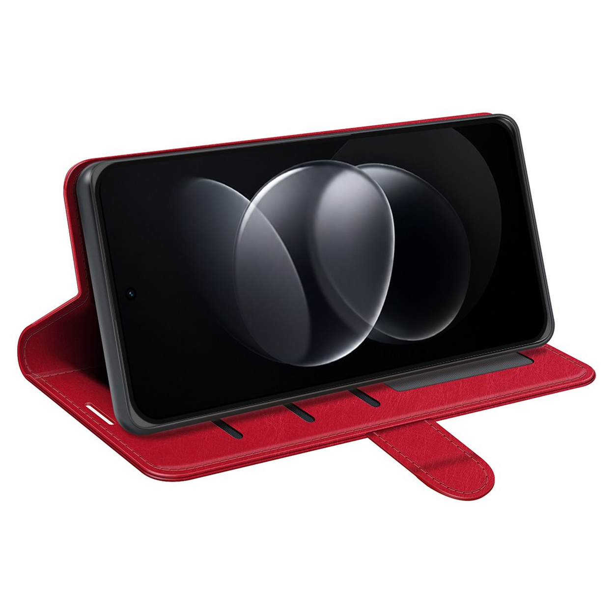 Een rode leren flipcase met daarin een smartphone met zwart scherm waarop abstracte ronde vormen te zien zijn.
