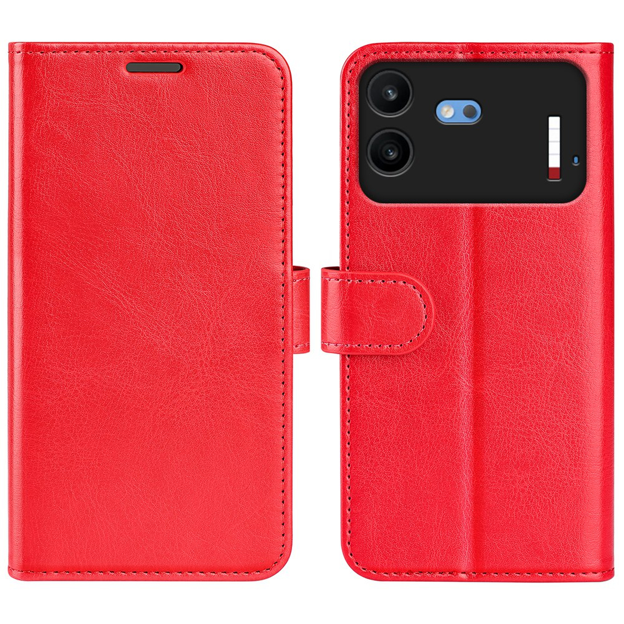 Rode leren flip-telefoonhoesje, voor- en achteraanzicht met camera-uitsparing.