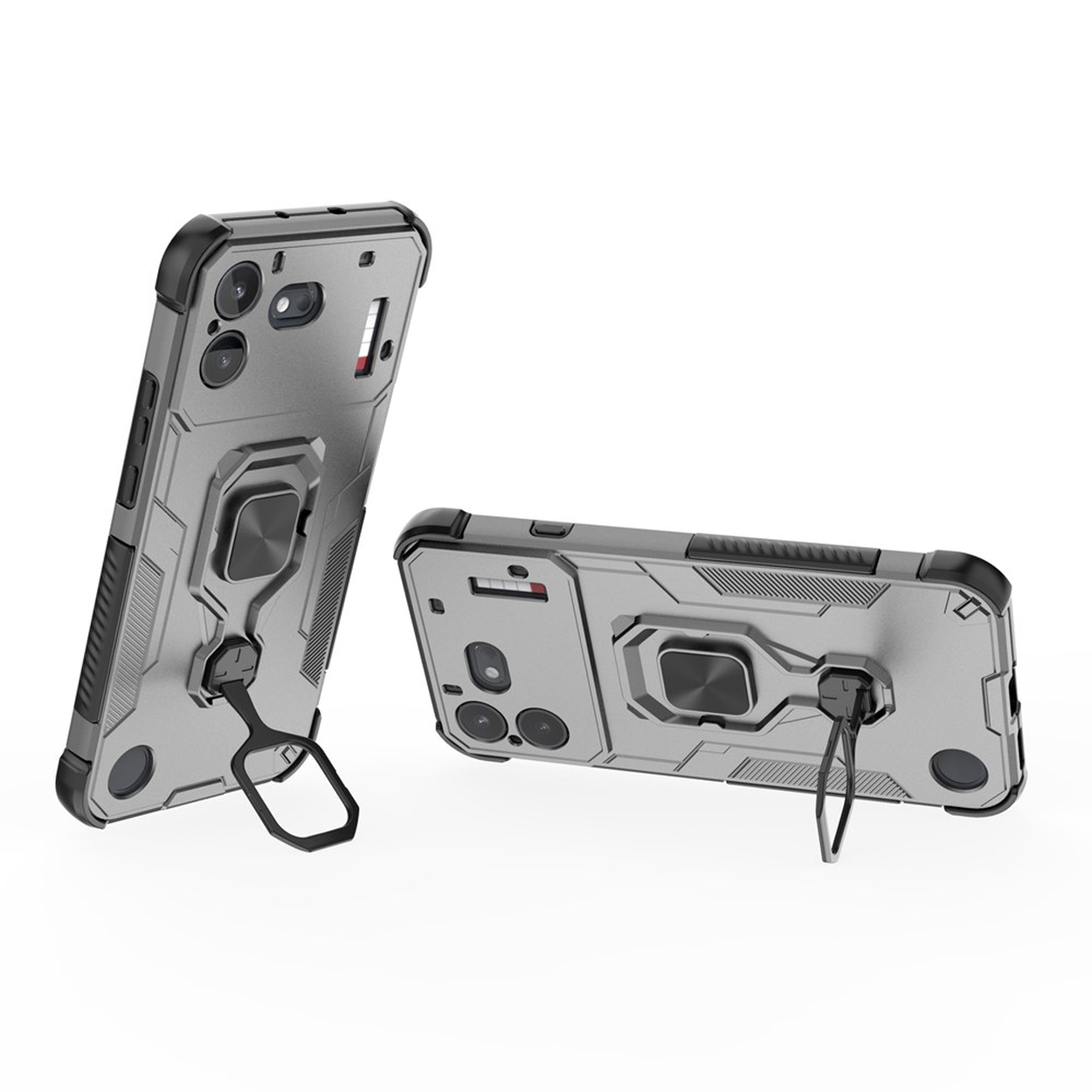 Twee grijze smartphonehoesjes met zwarte rand en opvouwbare ringstandaard aan de achterkant op een witte achtergrond.