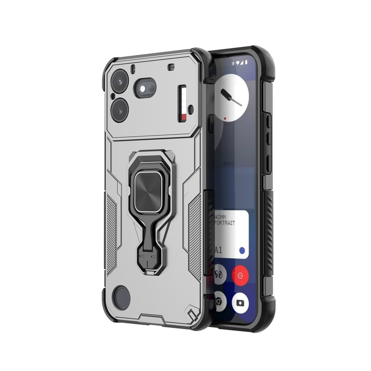 Robuuste zilveren en zwarte smartphonehoes met een geïntegreerde ringstandaard aan de achterkant.