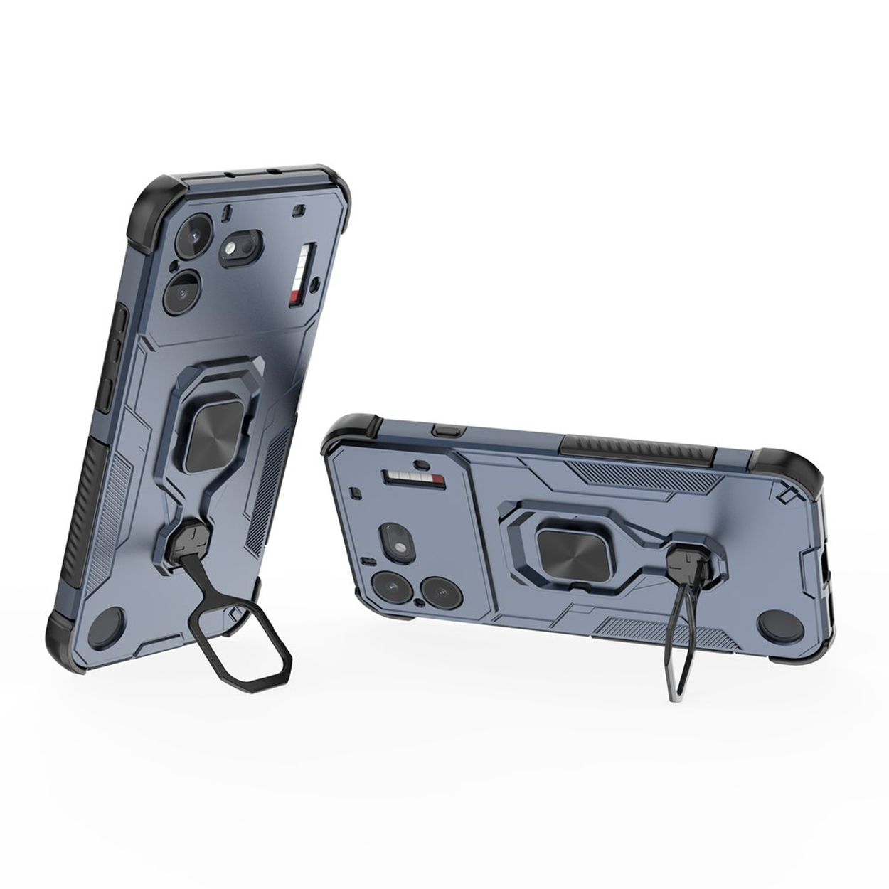 Twee blauwe, robuuste smartphonehoesjes met zwarte accenten, standaards en versterkte hoeken op een witte achtergrond.