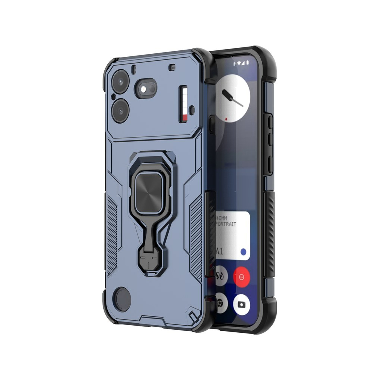 Een robuuste blauwe smartphonehoes met een ingebouwde ringstandaard aan de achterkant en een zichtbaar scherm.