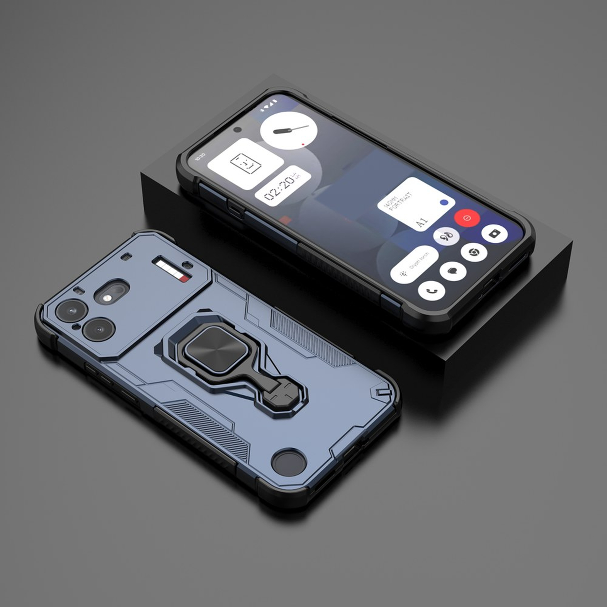 Een smartphone in een blauw beschermhoesje met ringhouder op een grijs oppervlak.