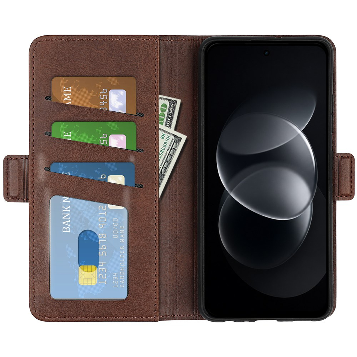 Bruine lederen portemonnee-telefoonhoesje met creditcards en smartphone.