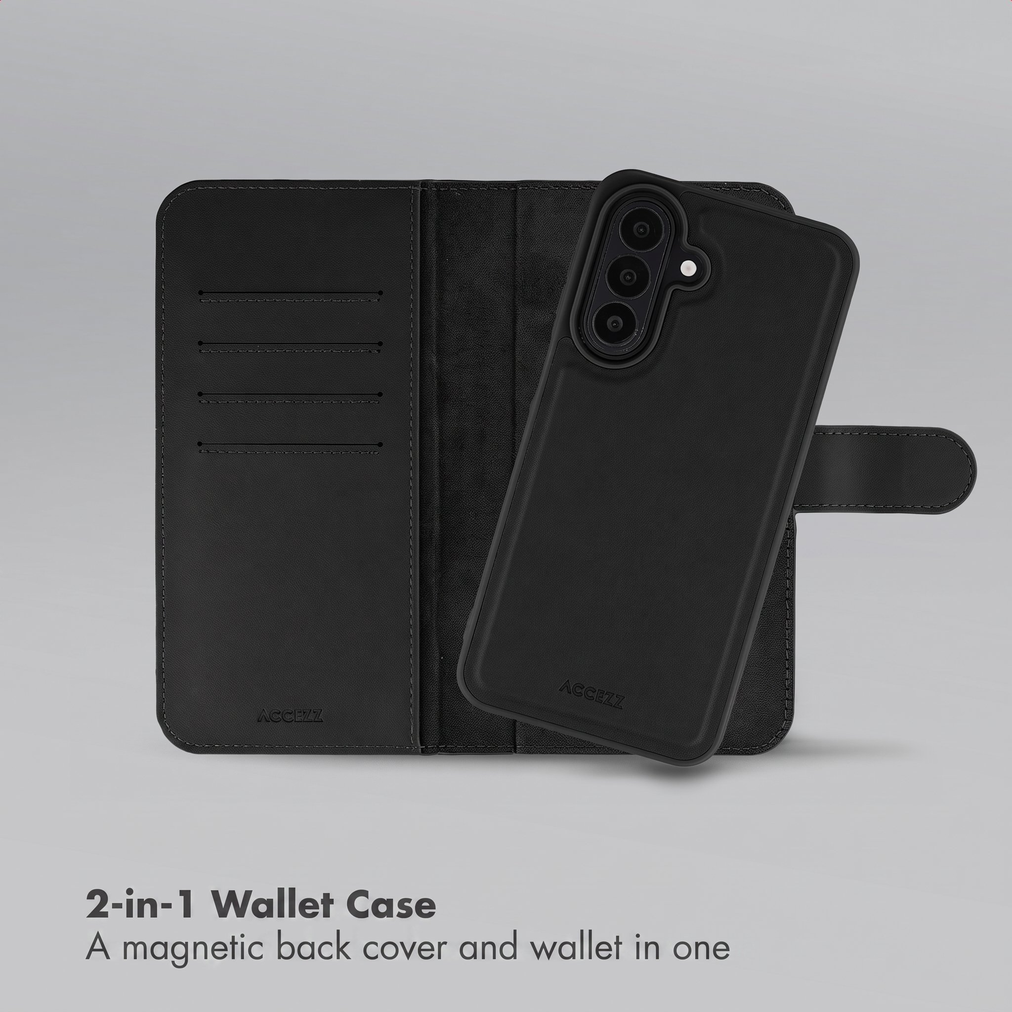 Un étui portefeuille 2-en-1 en cuir noir avec coque arrière magnétique et fentes pour cartes, sur fond clair.
