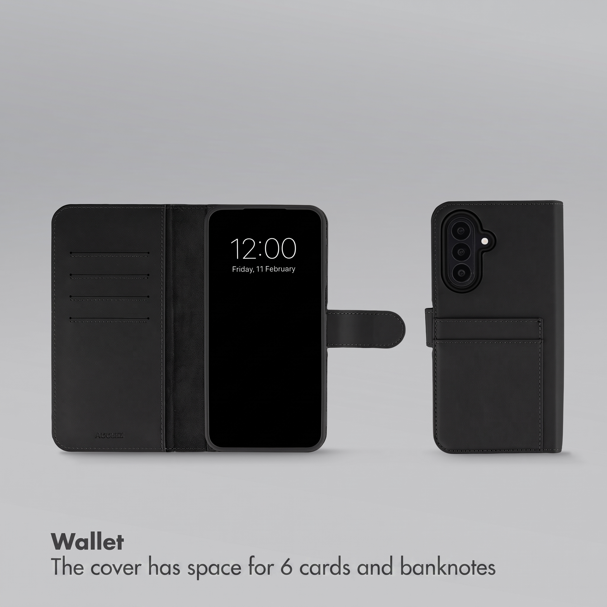 Un étui portefeuille en cuir noir avec des fentes pour cartes, montré ouvert et fermé.