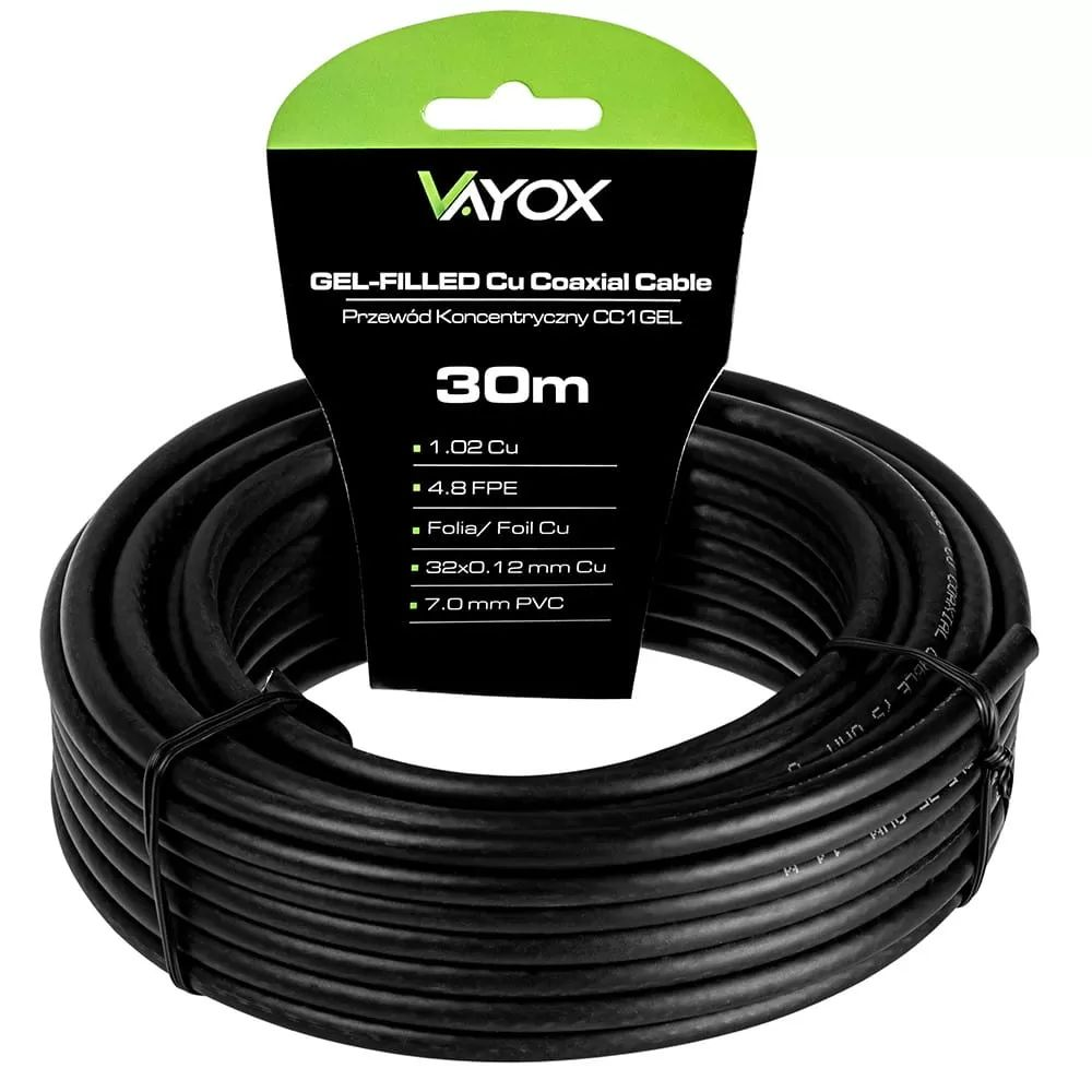 A coil of black Vayox coaxial cable, 30m long, with a label displaying technical specifications.