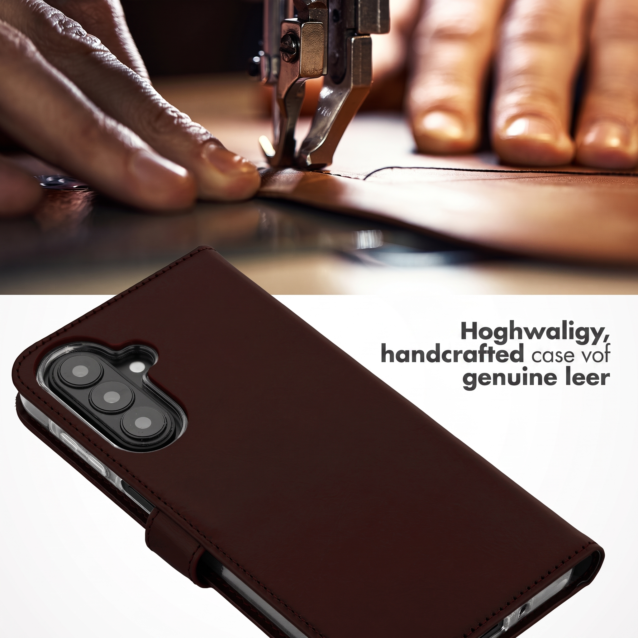 Étui de téléphone en cuir marron fait main avec découpe pour caméra, cuir cousu en arrière-plan.