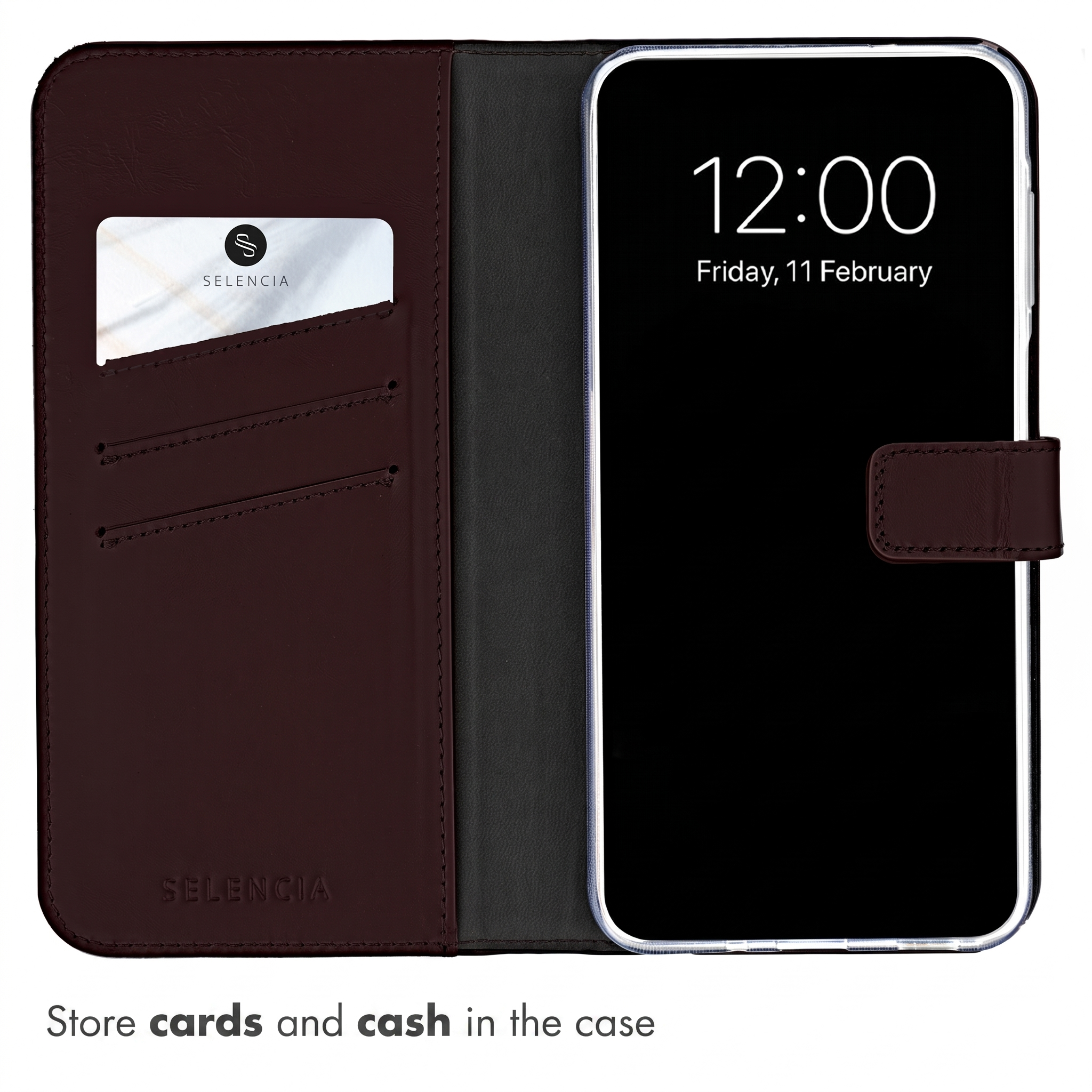 Étui de téléphone en cuir rouge foncé avec fentes pour cartes et smartphone.