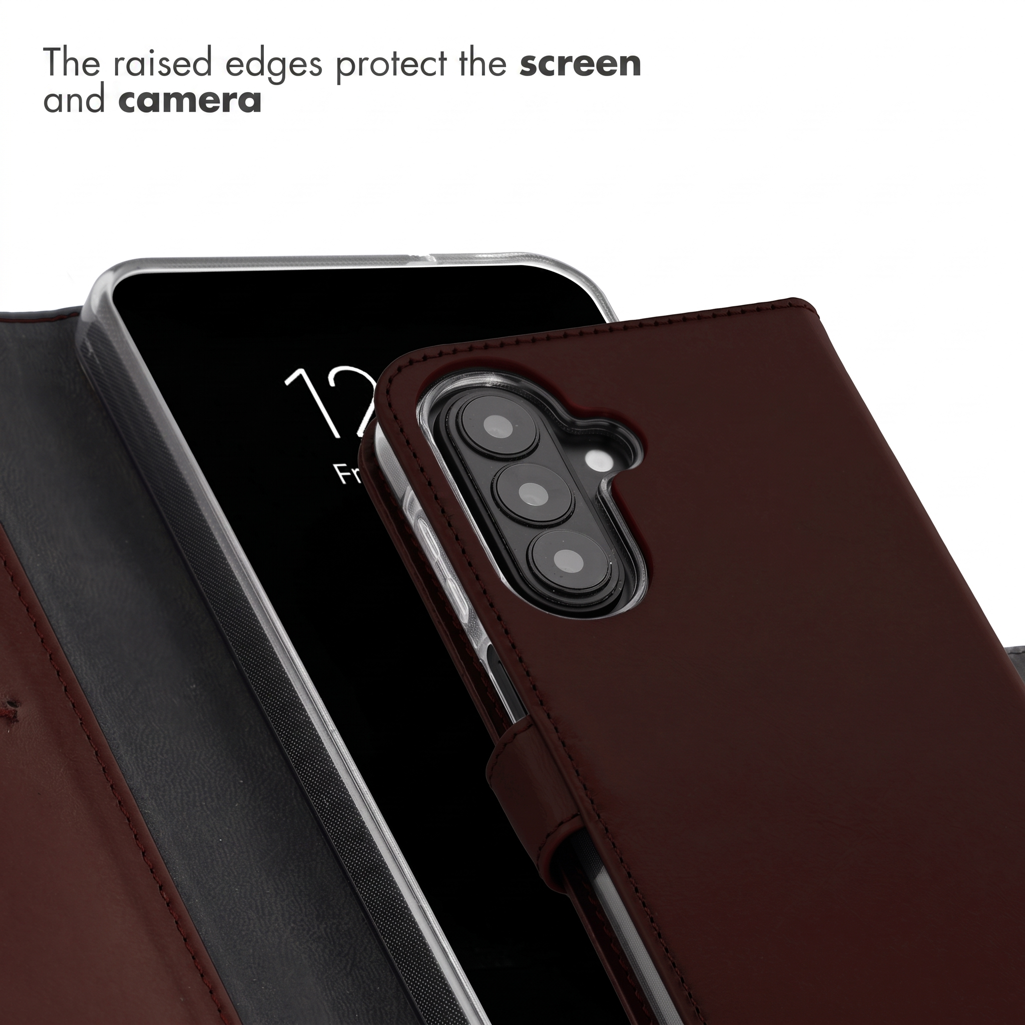 Un étui à rabat en cuir marron protège le smartphone, l'appareil photo et l'écran.