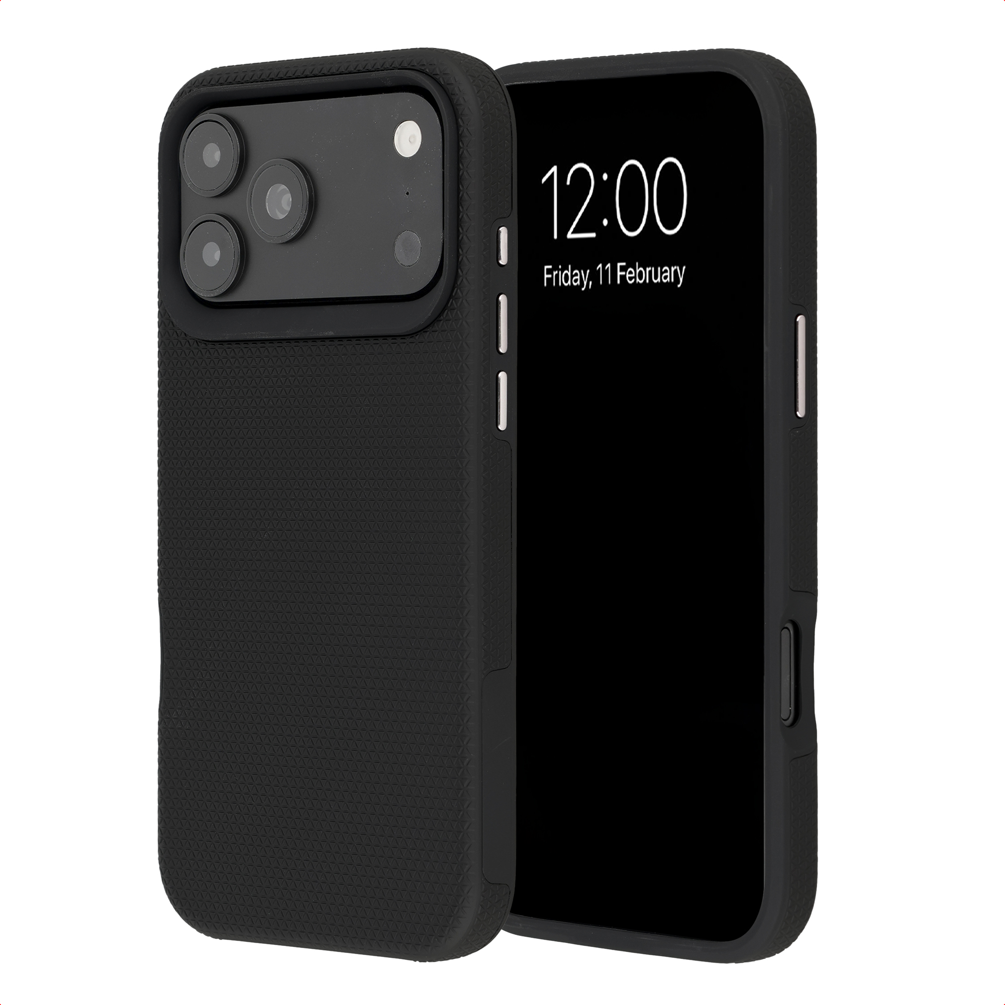 Zwei Ansichten eines schwarzen Smartphones in einer strukturierten Schutzhülle, eins zeigt die Kamera, das andere den Bildschirm.