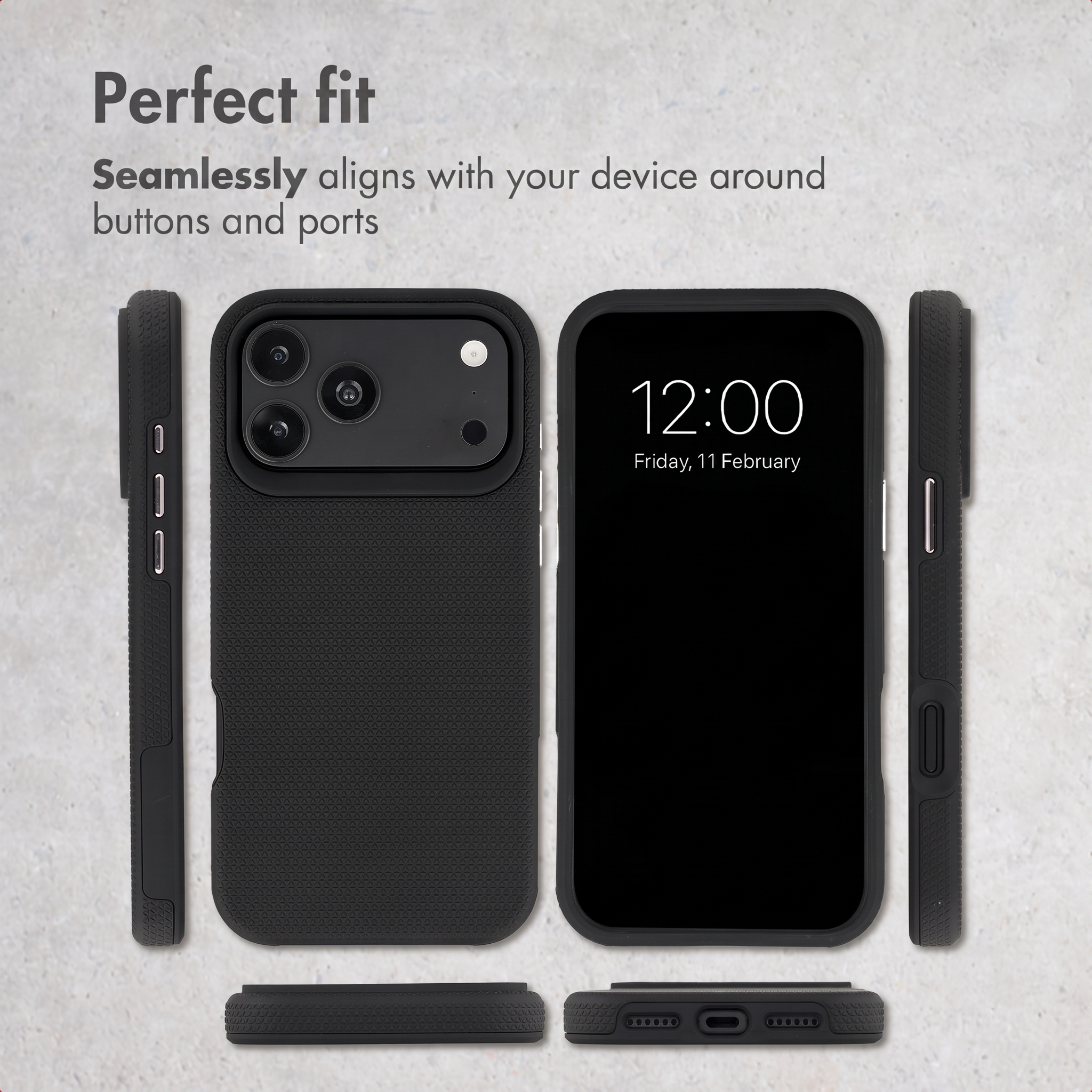 Verschiedene Ansichten einer schwarzen Schutzhülle für ein Smartphone auf grauem Hintergrund.