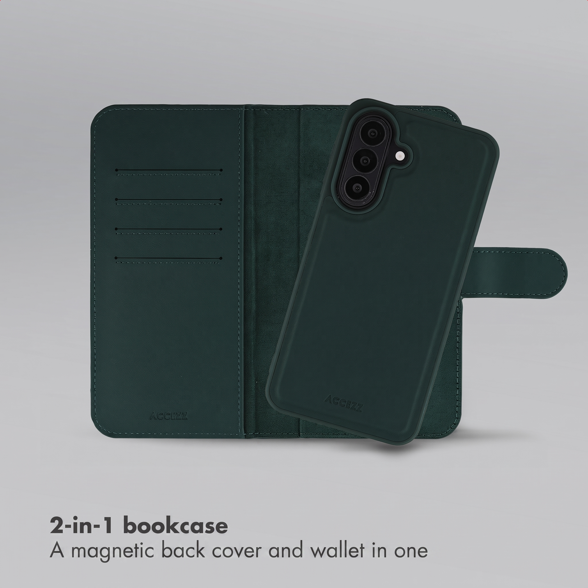 Étui-livre 2-en-1 vert foncé avec coque arrière magnétique et portefeuille sur fond gris.
