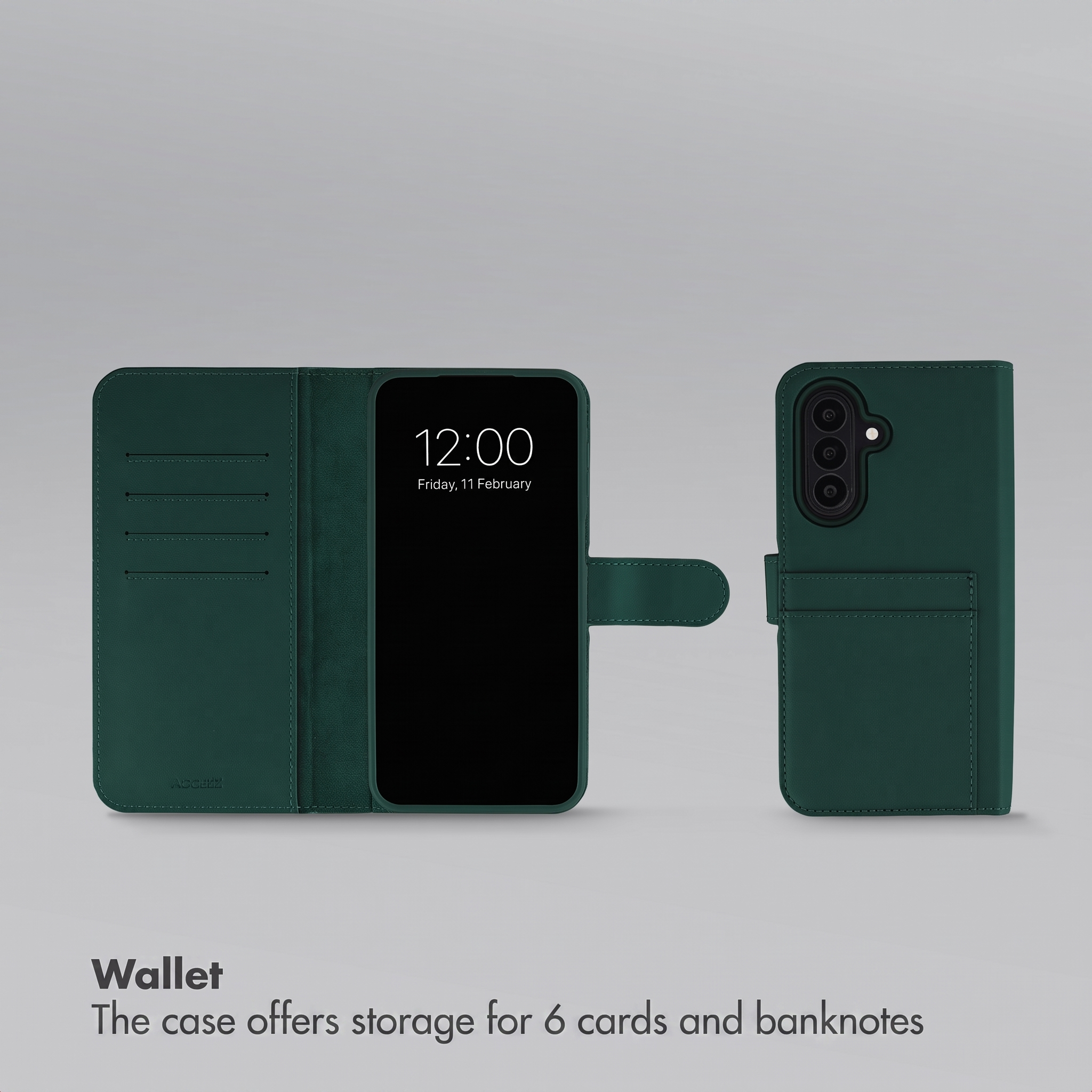 Étui portefeuille en cuir vert foncé avec téléphone, emplacements pour cartes et billets sur fond gris.