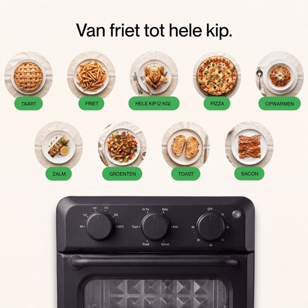 Various dishes like chicken and pizza above a black oven with control knobs.