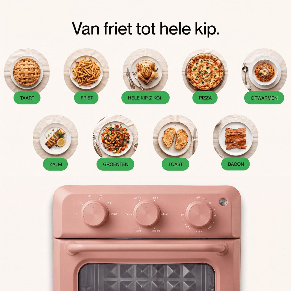 A pink air fryer with knobs above a window, with food icons and Dutch text showing its versatile cooking options.