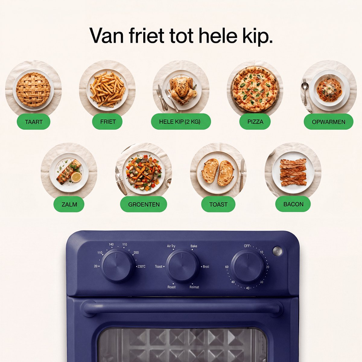 Dutch promotional image for an air fryer, showing various cooked foods and a blue appliance control panel below.