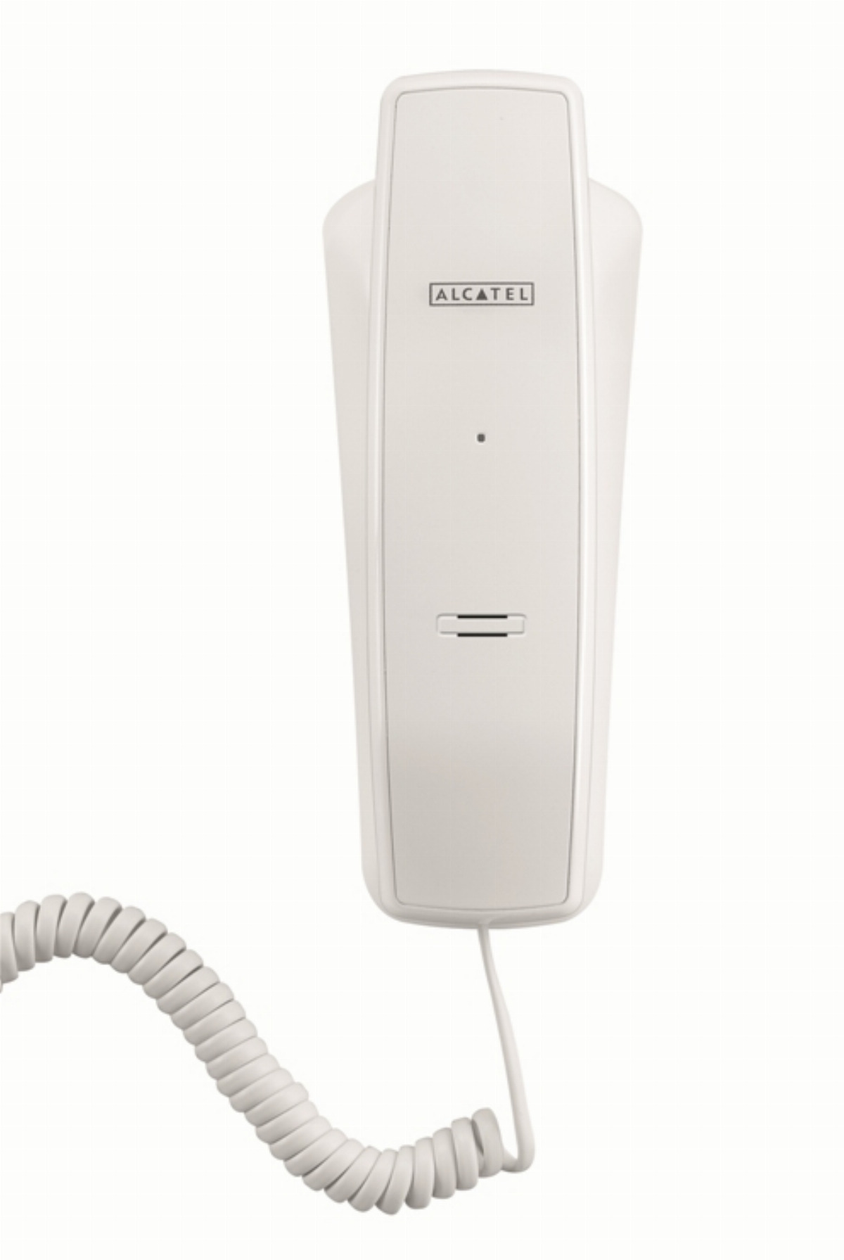 Un teléfono Alcatel blanco con un cable en espiral sobre fondo blanco.