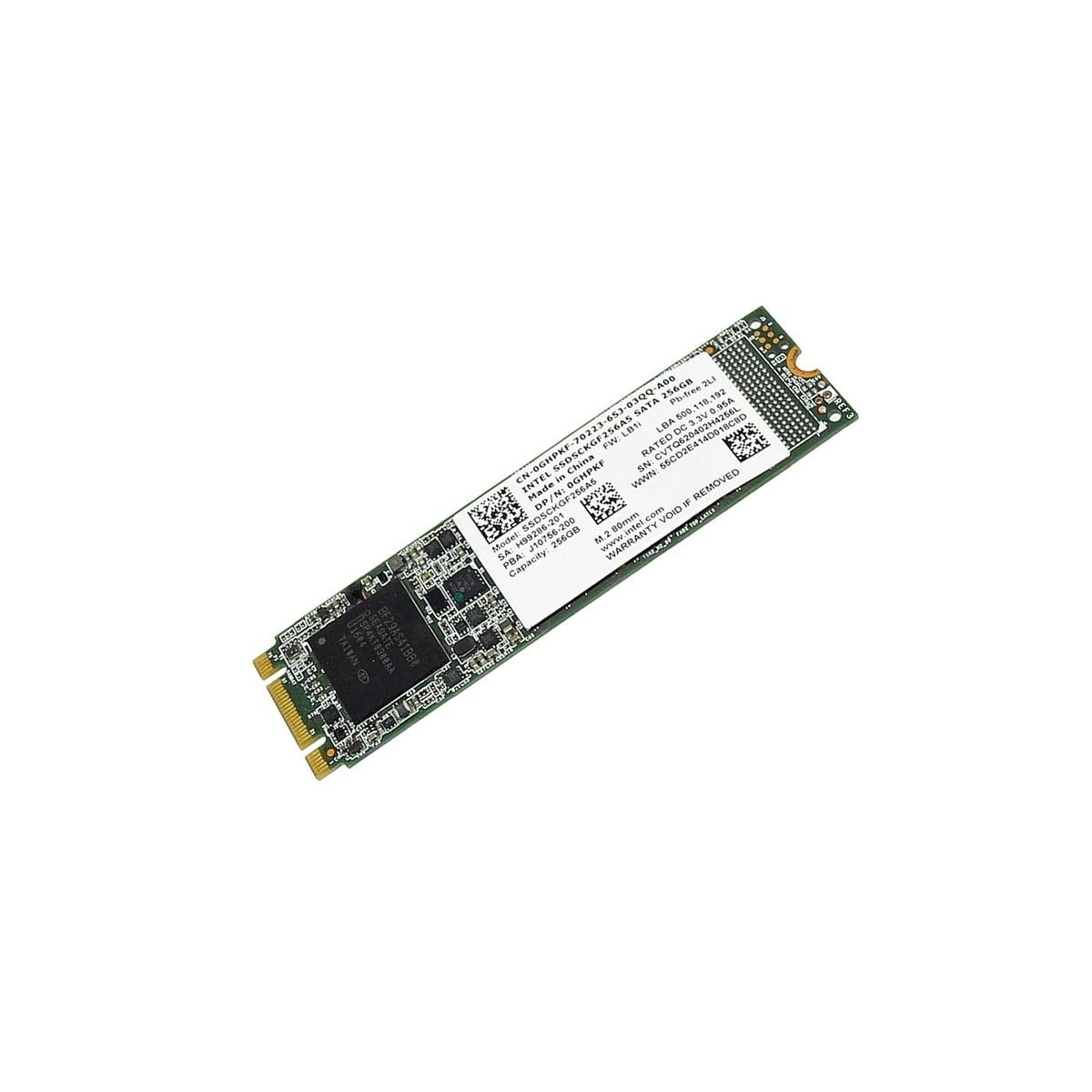Un SSD SATA M.2 verde con etichetta del prodotto e chip neri su sfondo bianco.