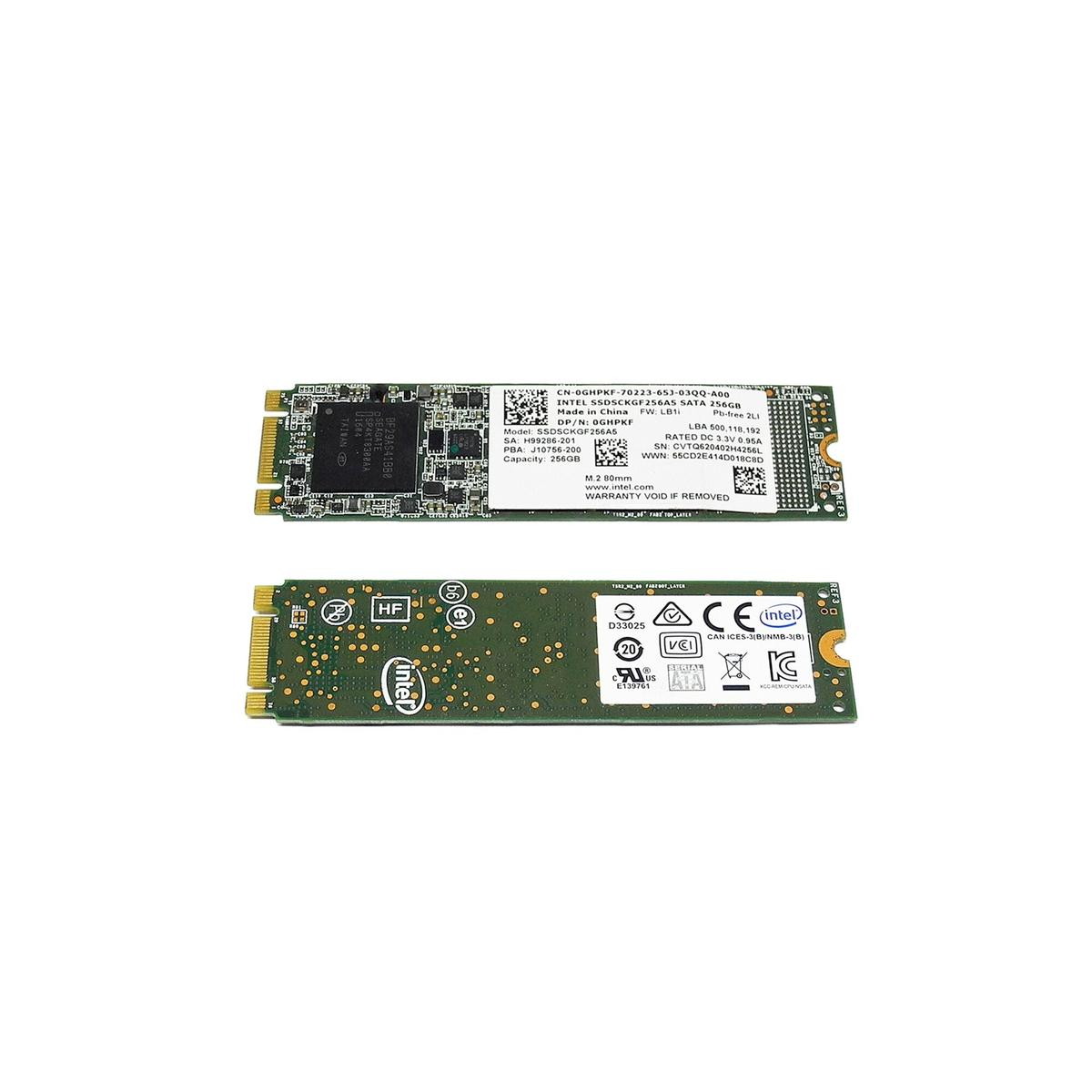 Due viste di un SSD M.2 Intel verde con etichette, circuiti integrati e pin dorati.