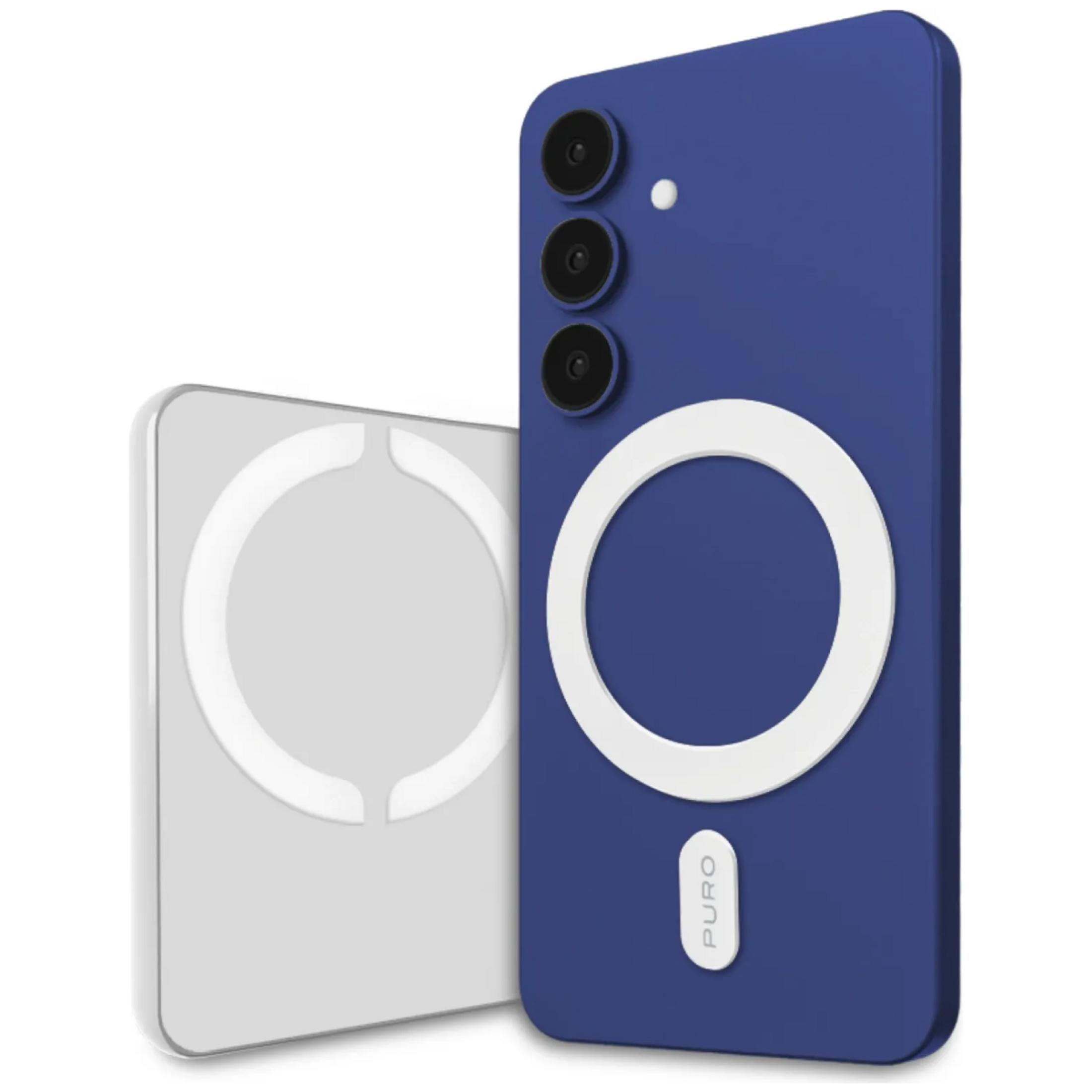 Funda azul para smartphone con anillo magnético y power bank blanca sobre fondo blanco.
