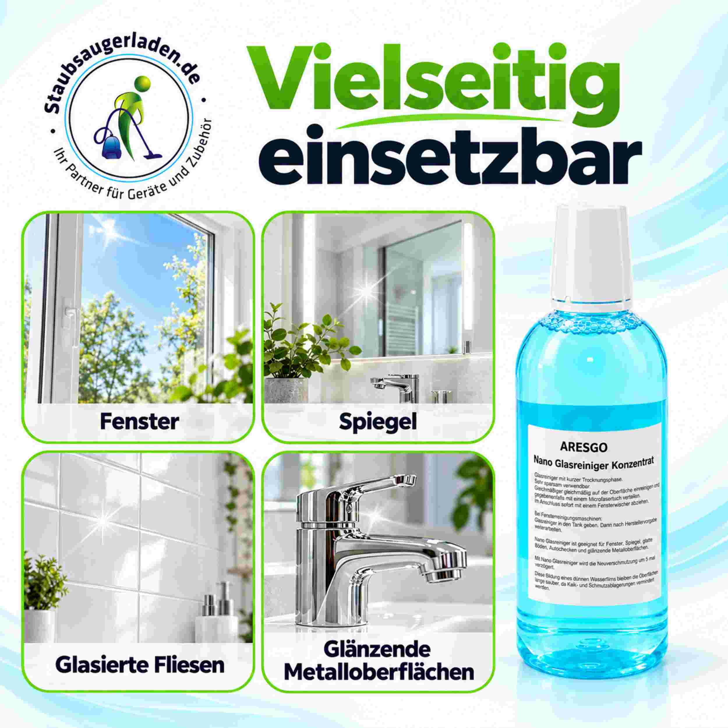 Aresgo Nano Glasreiniger Flasche mit vier Bildern von Fenstern, Spiegeln, Fliesen und Metalloberflächen.