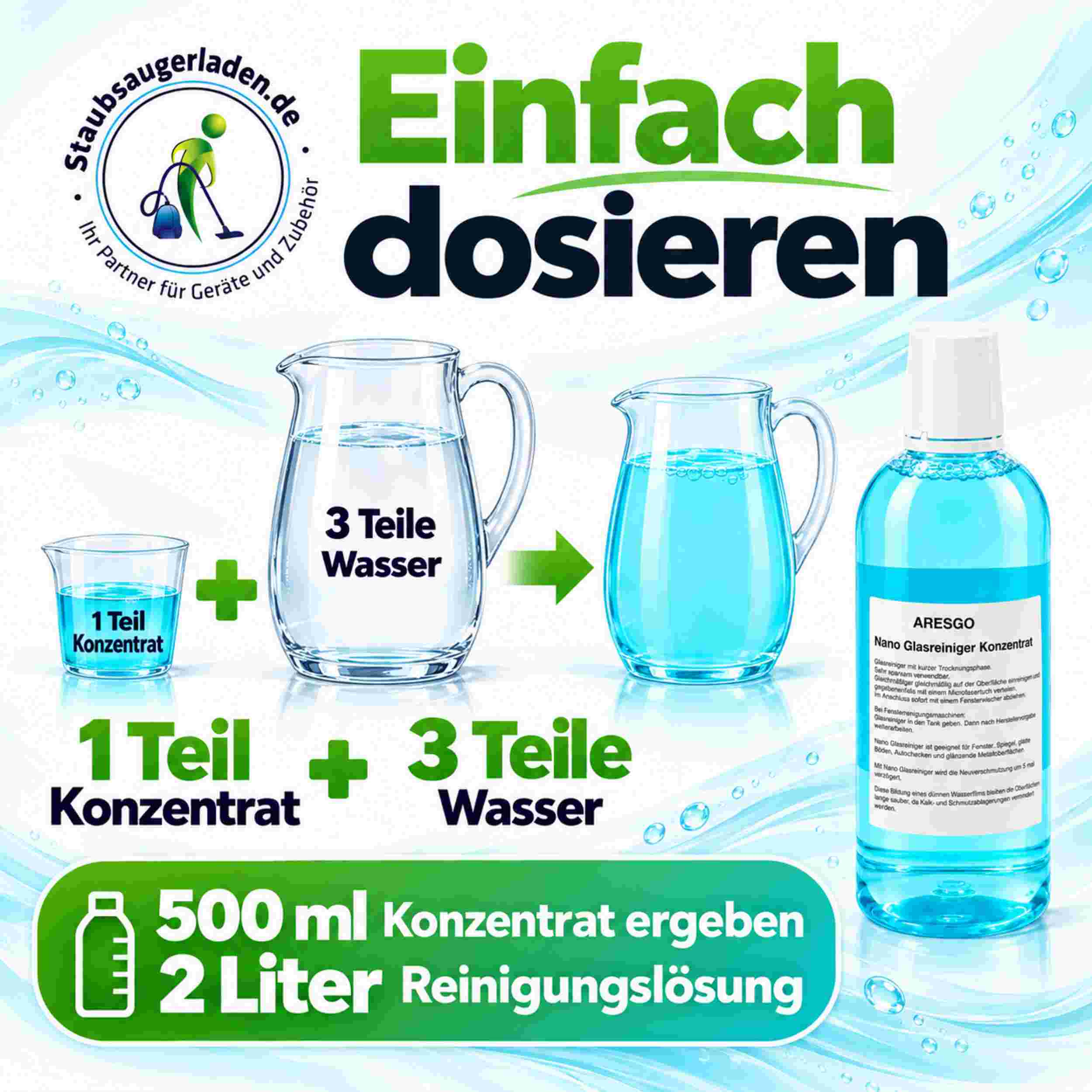 Anleitung zum Mischen von 1 Teil Konzentrat mit 3 Teilen Wasser für 2 Liter Reinigungslösung.