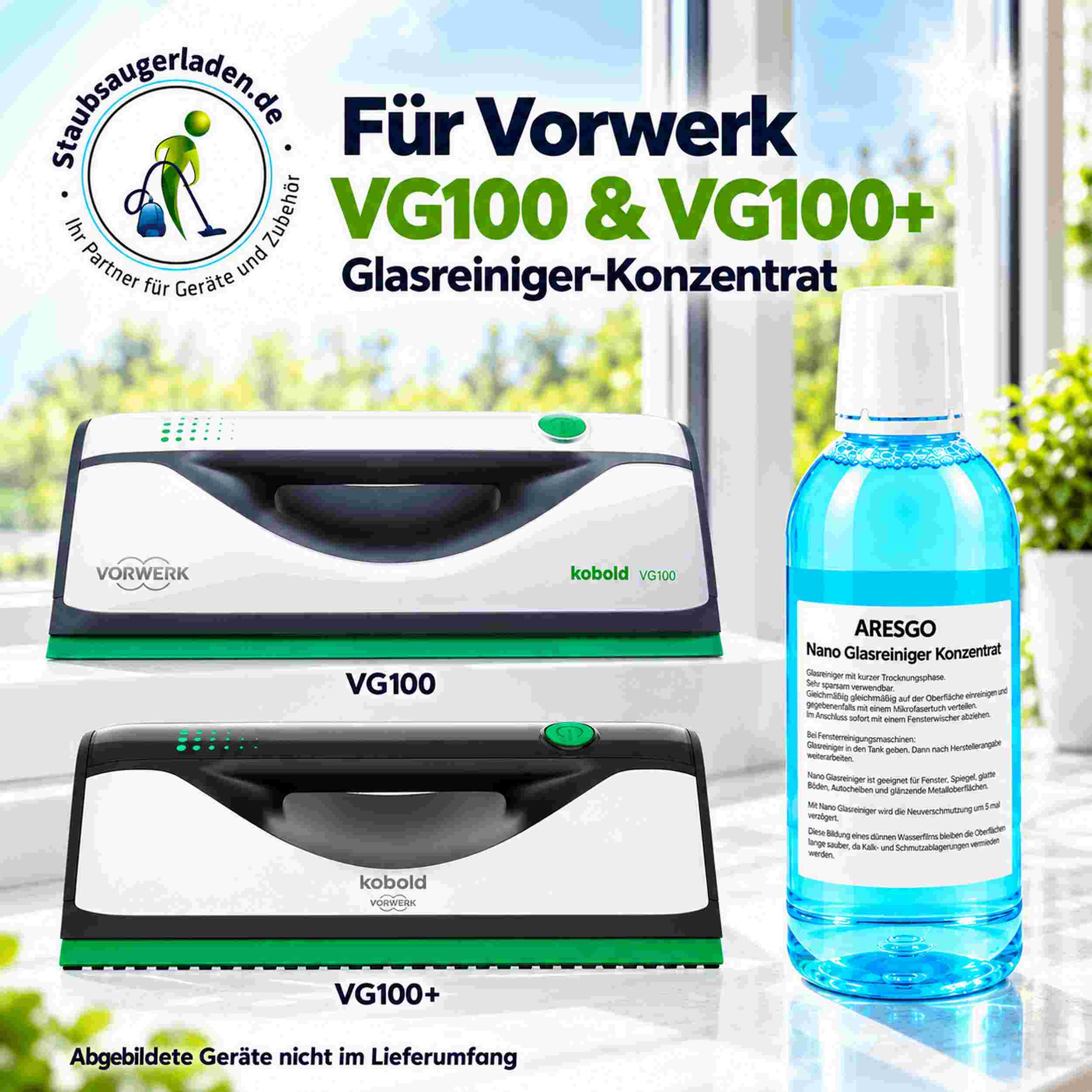 Zwei Vorwerk Kobold VG100 Fensterreiniger und eine Flasche blauer Glasreinigerkonzentrat auf weißem Untergrund.