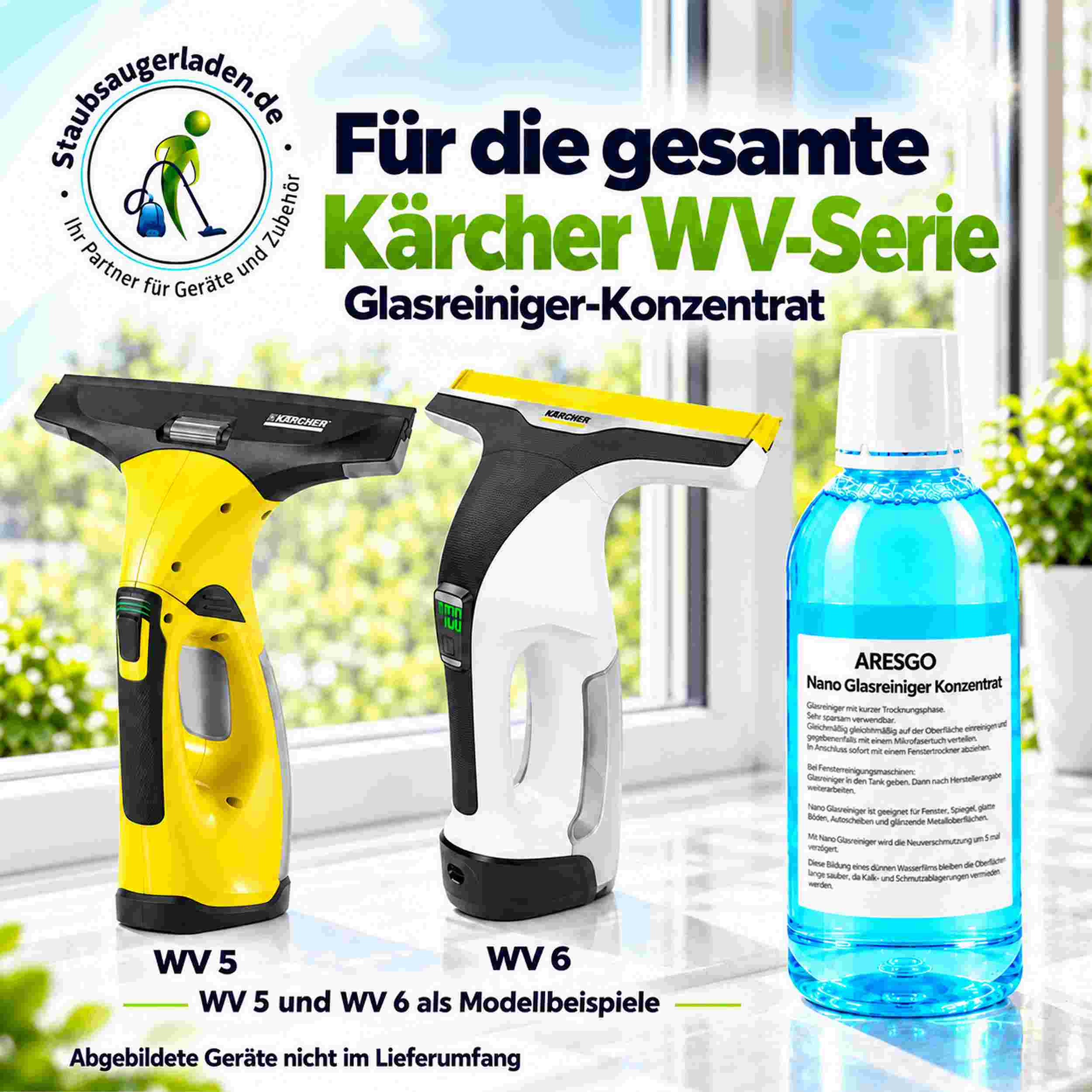 Zwei Kärcher Fensterreiniger WV 5 und WV 6 stehen neben einer blauen Flasche Glasreiniger-Konzentrat.