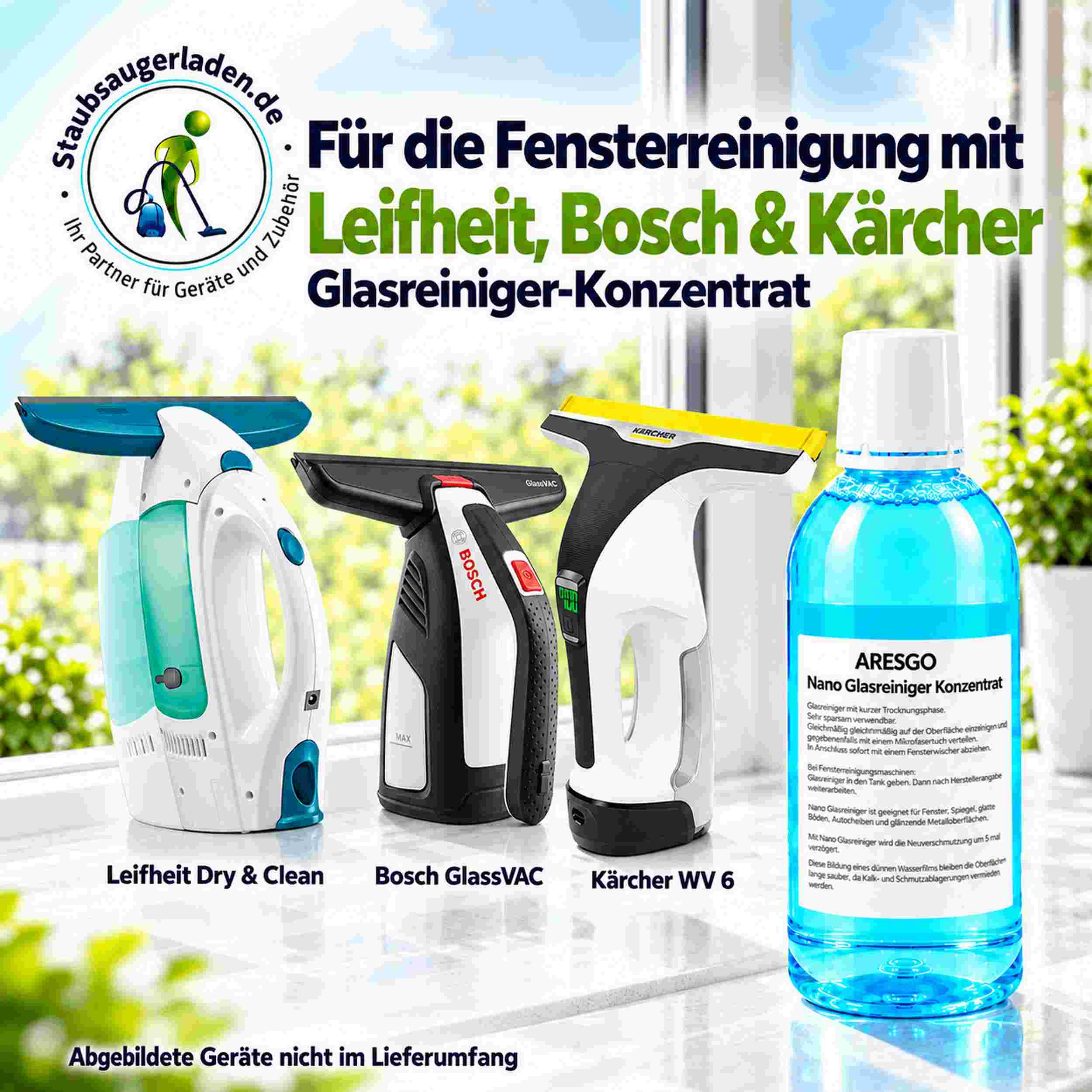 Drei Fenstersauger und eine Flasche Glasreiniger stehen mit Text auf einer weißen Oberfläche.