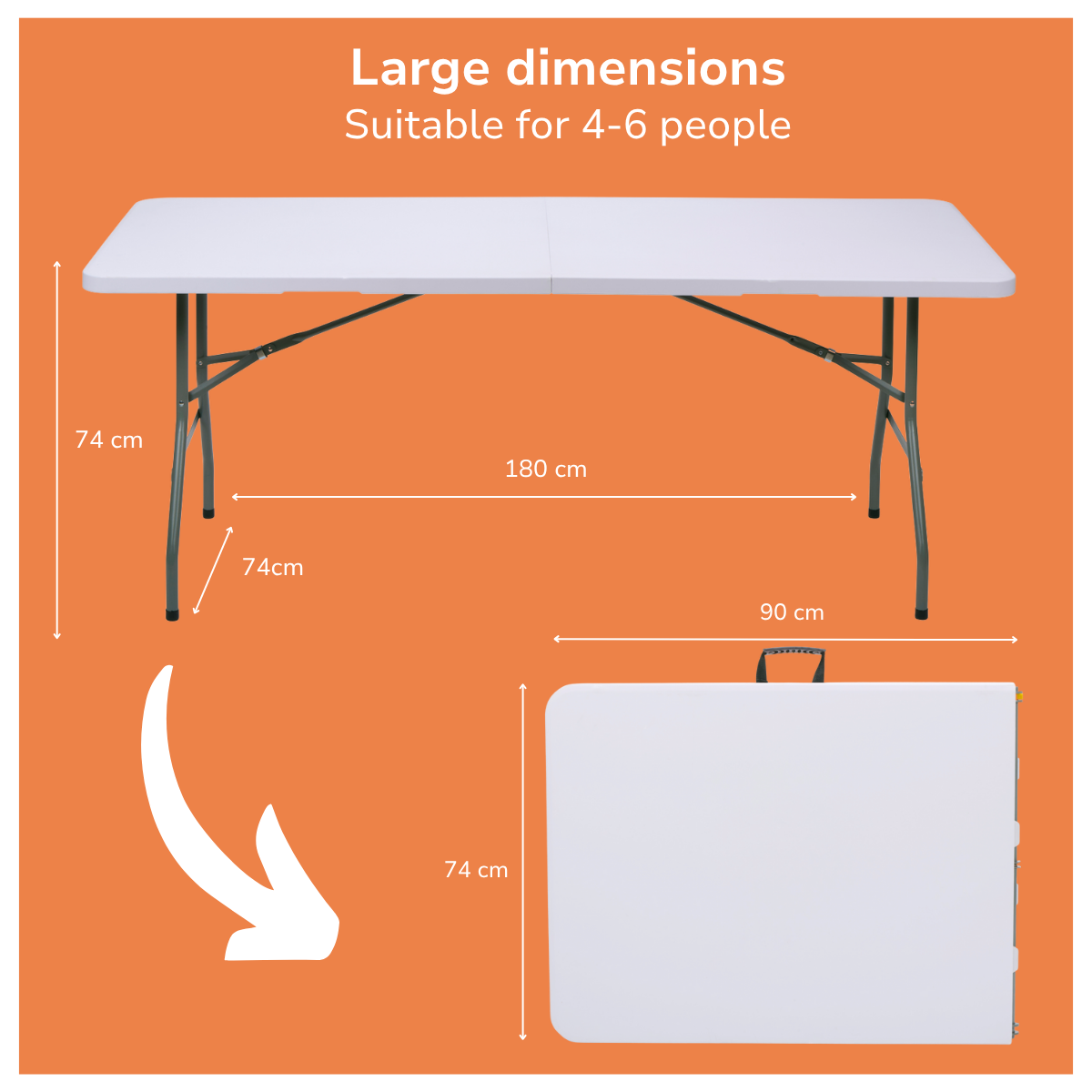 Table pliante blanche avec dimensions sur fond orange.