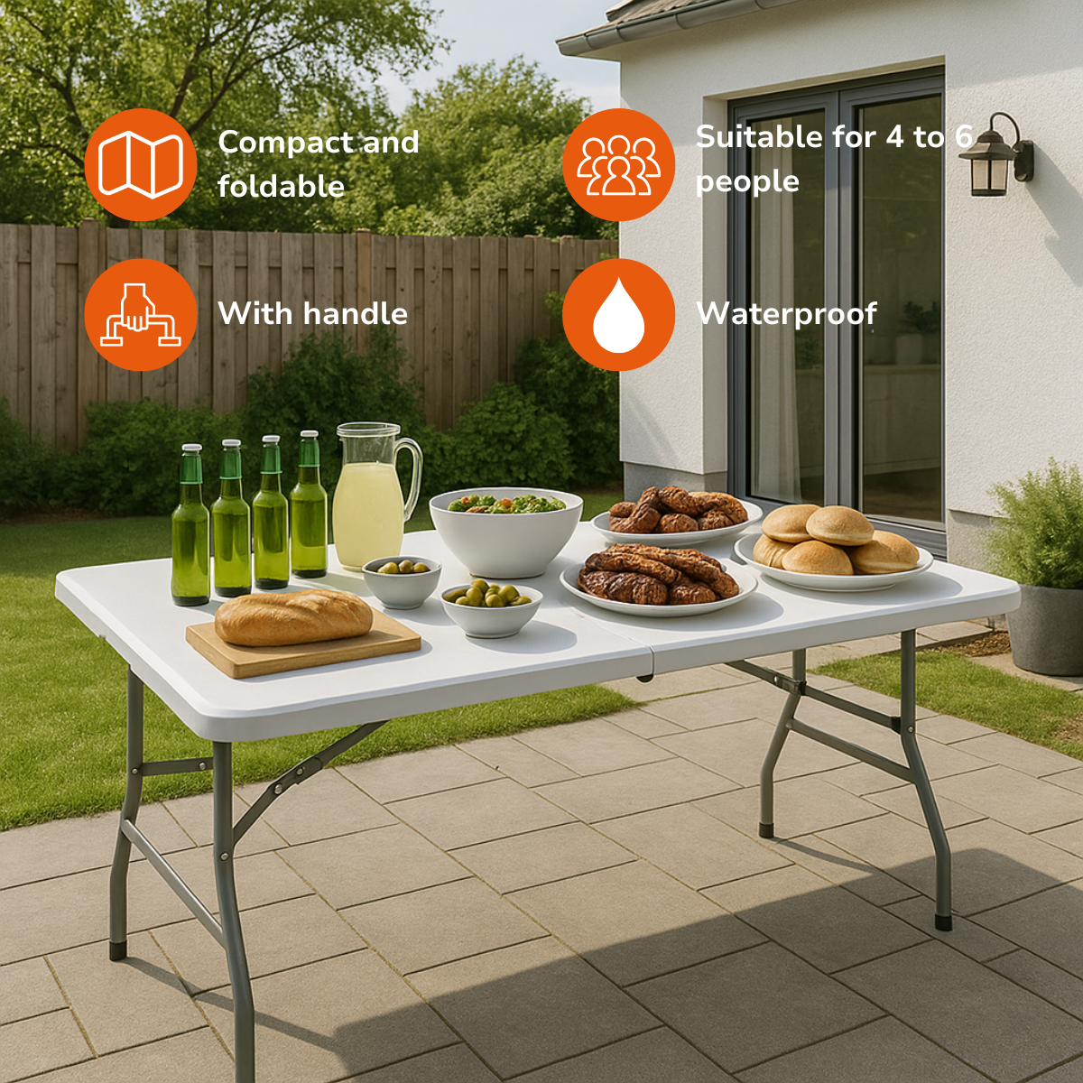 Une table pliante blanche sur une terrasse, avec de la nourriture, des boissons et des icônes explicatives.