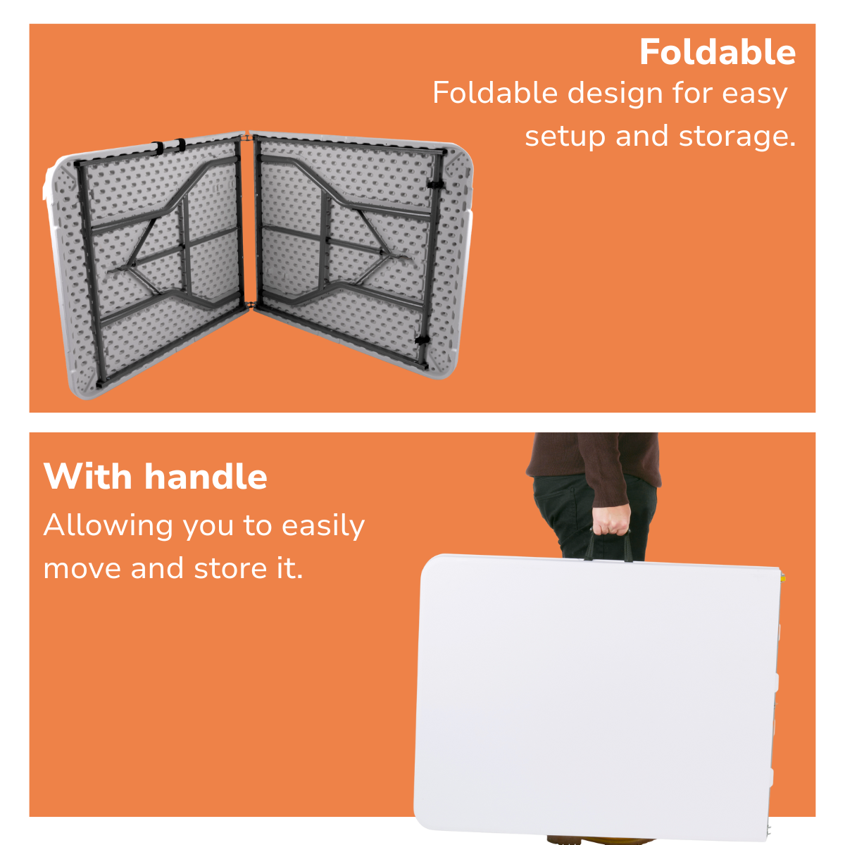 Table blanche pliante avec cadre noir et poignée de transport pratique sur fond orange.