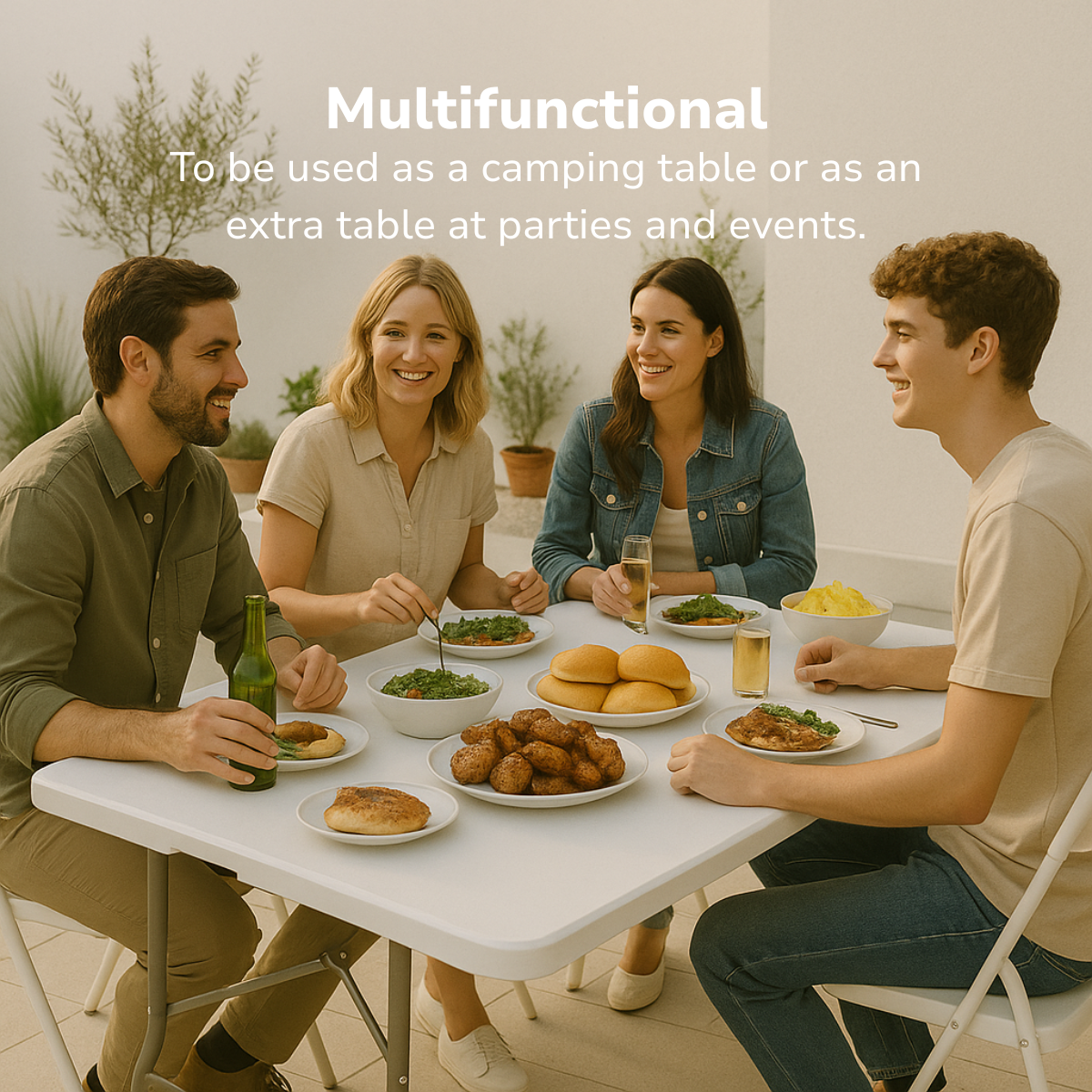 Quatre jeunes adultes sont assis autour d'une table blanche en plein air, mangeant et discutant.