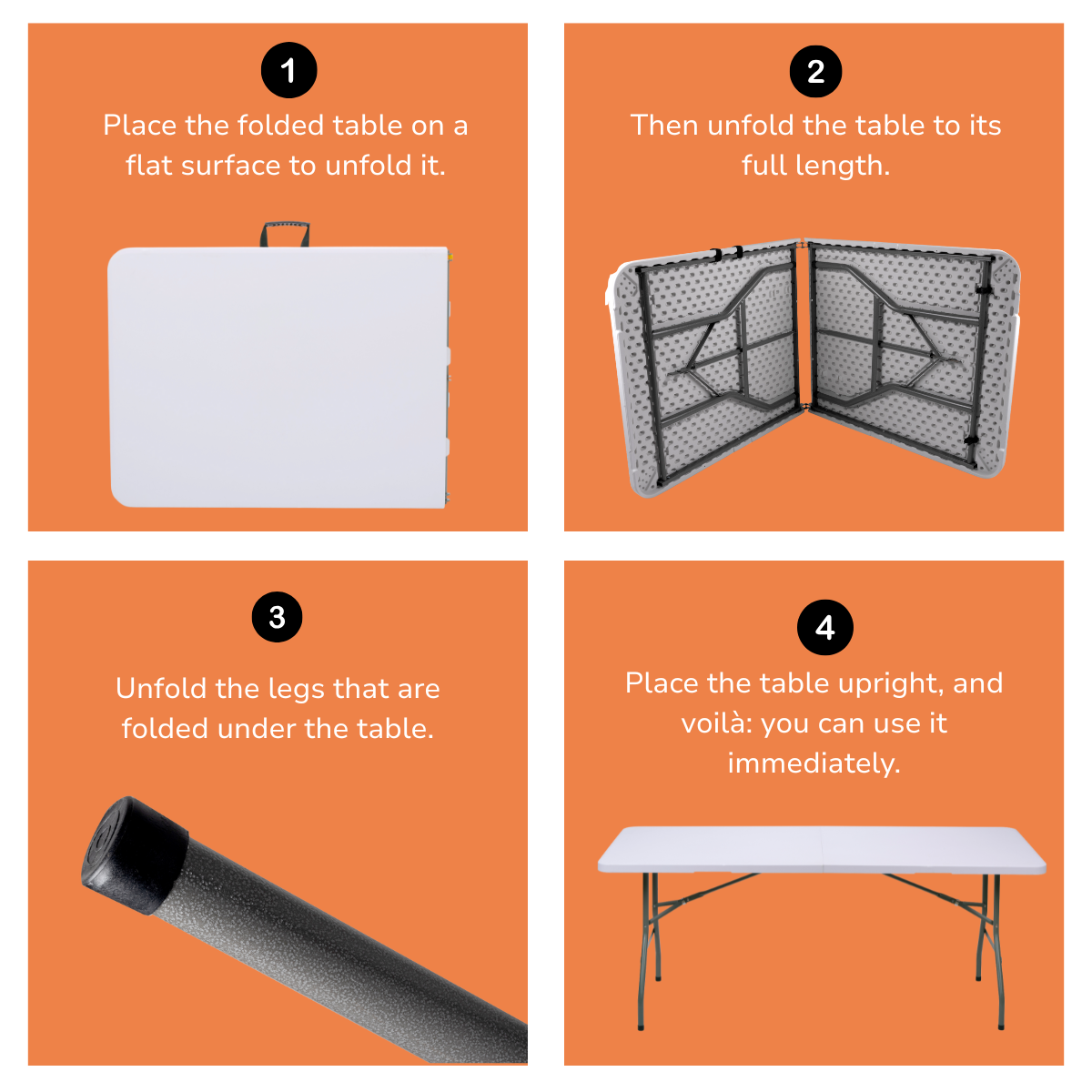 Guide en quatre étapes sur la façon de déplier une table pliante portable sur fond orange.
