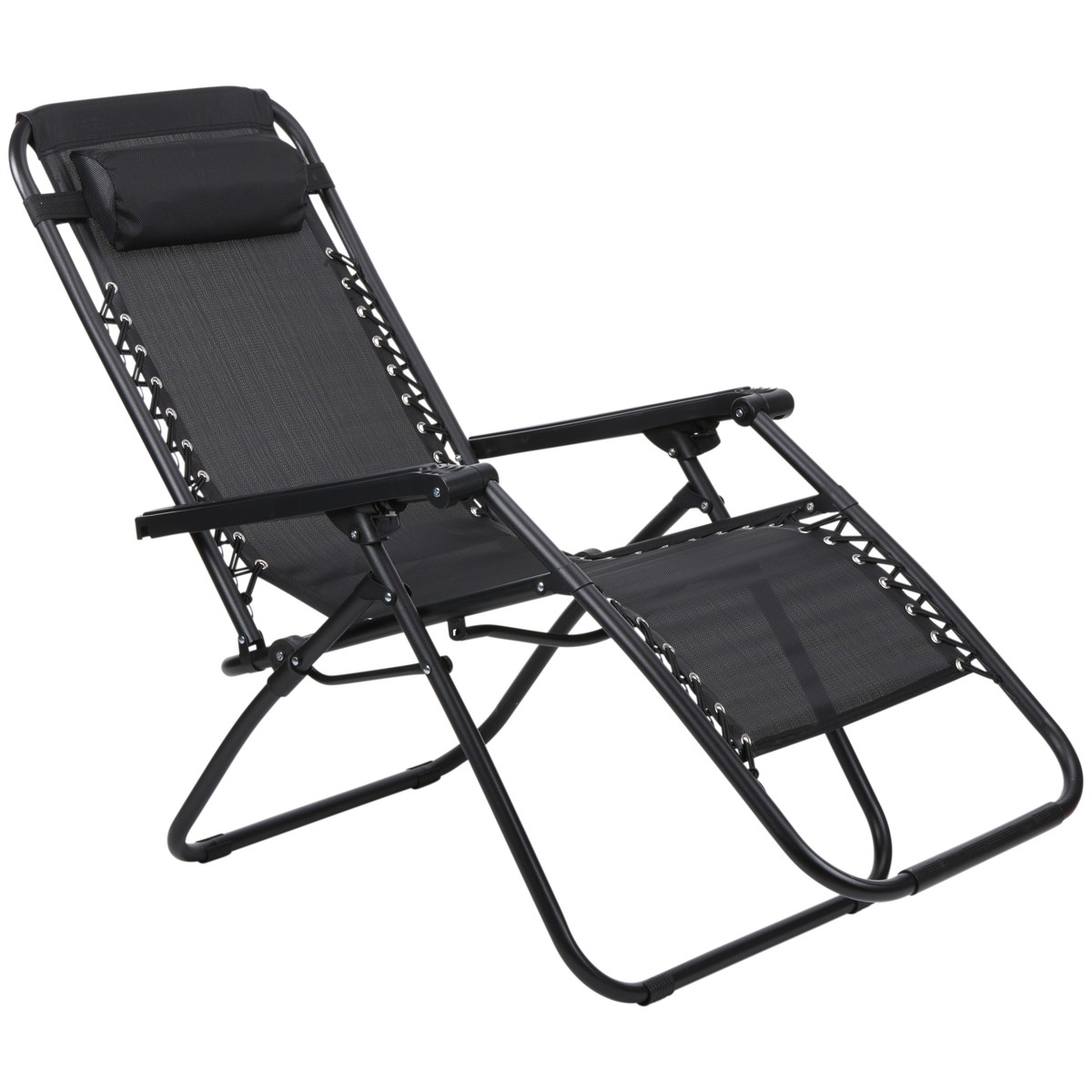 Une chaise longue de jardin pliable noire avec cadre en métal, tissu en maille et appui-tête réglable.