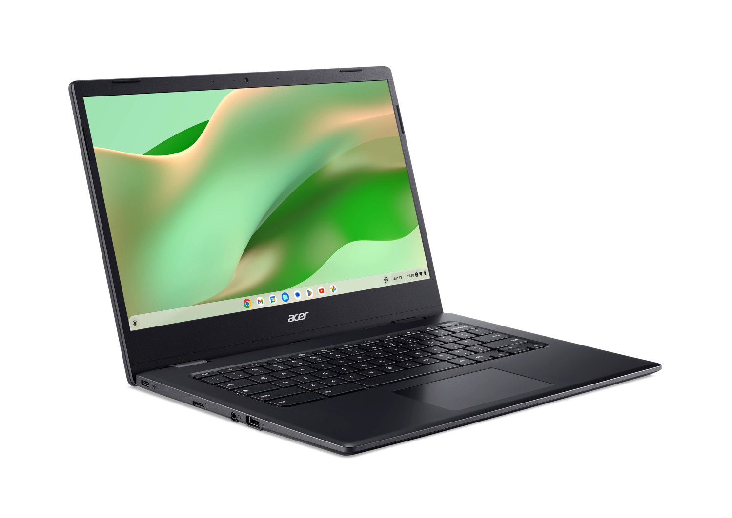 Un laptop Acer nero su sfondo bianco. Lo schermo mostra uno sfondo verde astratto e fluido.