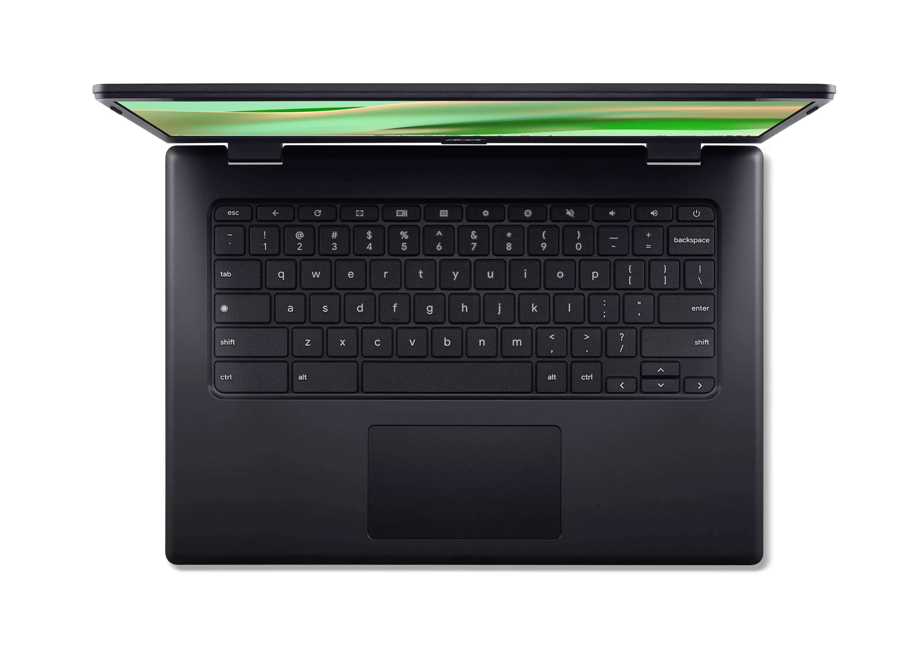 Vista dall'alto di un laptop nero con tastiera, touchpad e schermo leggermente aperto su sfondo bianco.